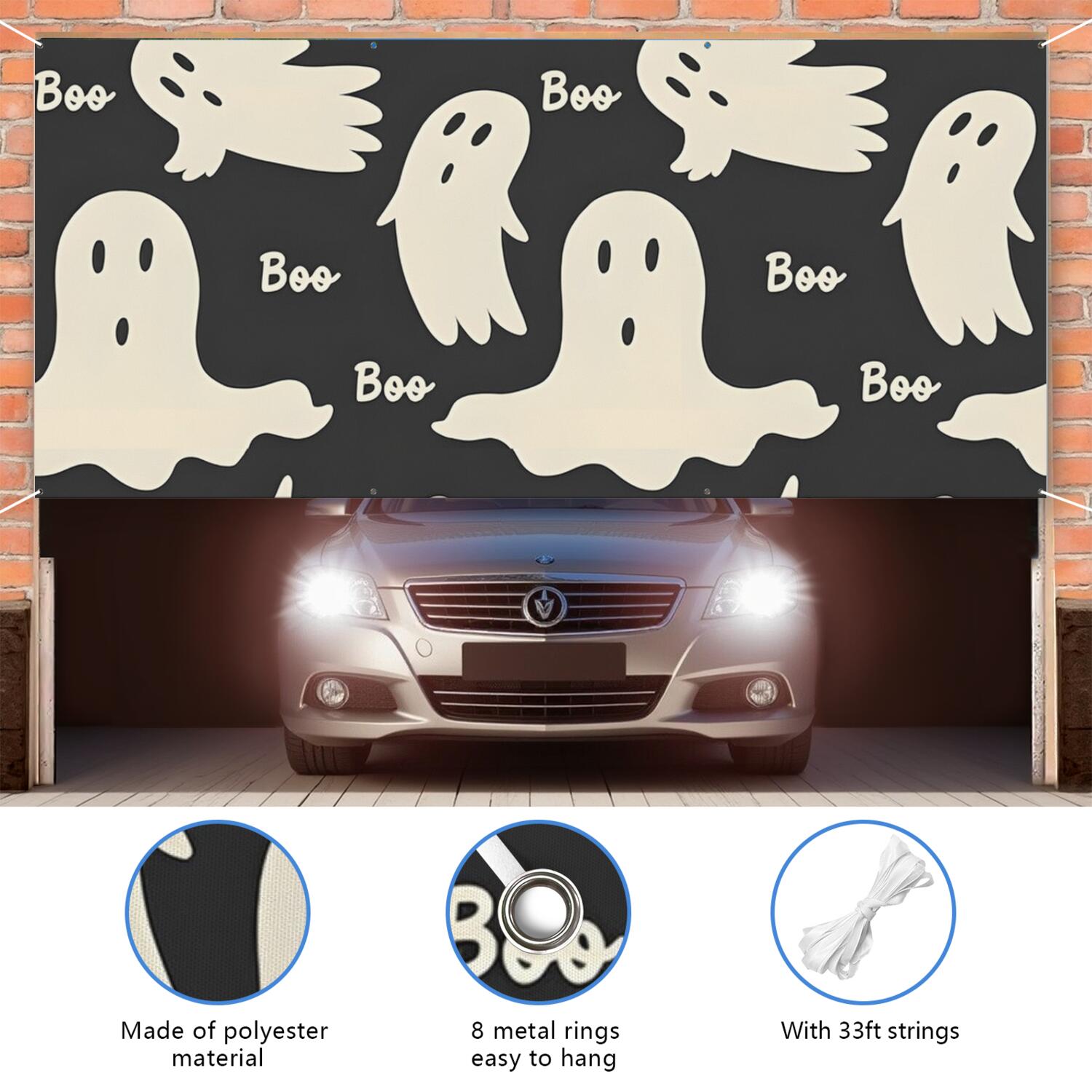Halloween Garage Door Cover - 13x6ft Spooky Ghost Pumpkin Skull Witch Black Cat Polyester Backdrop for Outdoor Decor