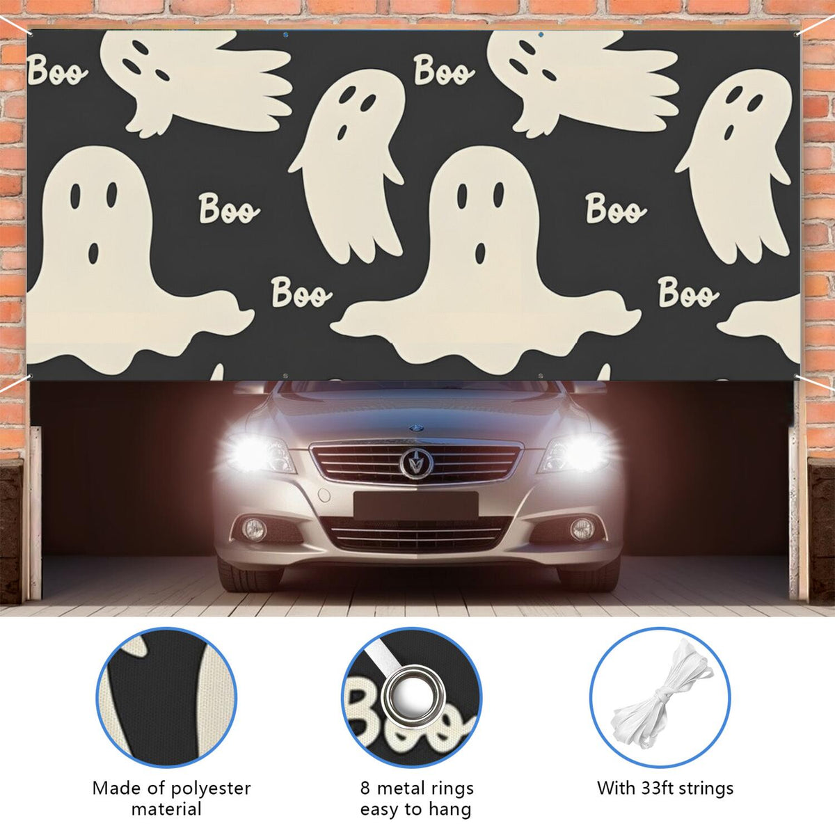 Halloween Garage Door Cover - 13x6ft Spooky Ghost Pumpkin Skull Witch Black Cat Polyester Backdrop for Outdoor Decor