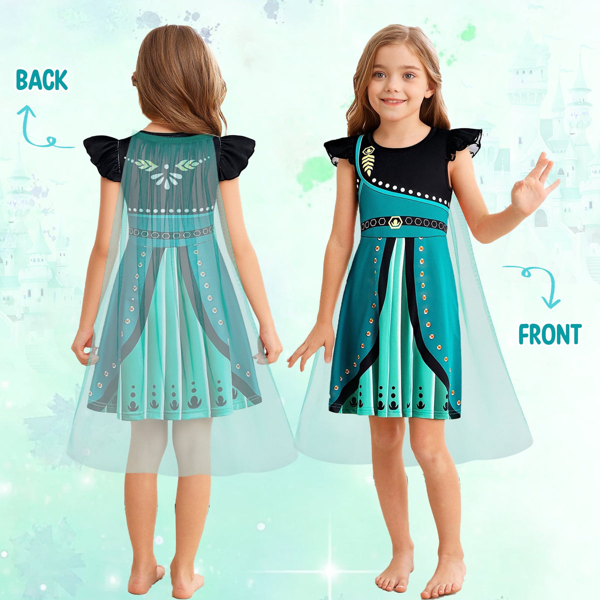 Benylion Girls Ice Princess Dress Halloween Cosplay Costumes With Tulle Cape Kids Birthday Party Dress up Outfit for 7-8 Years