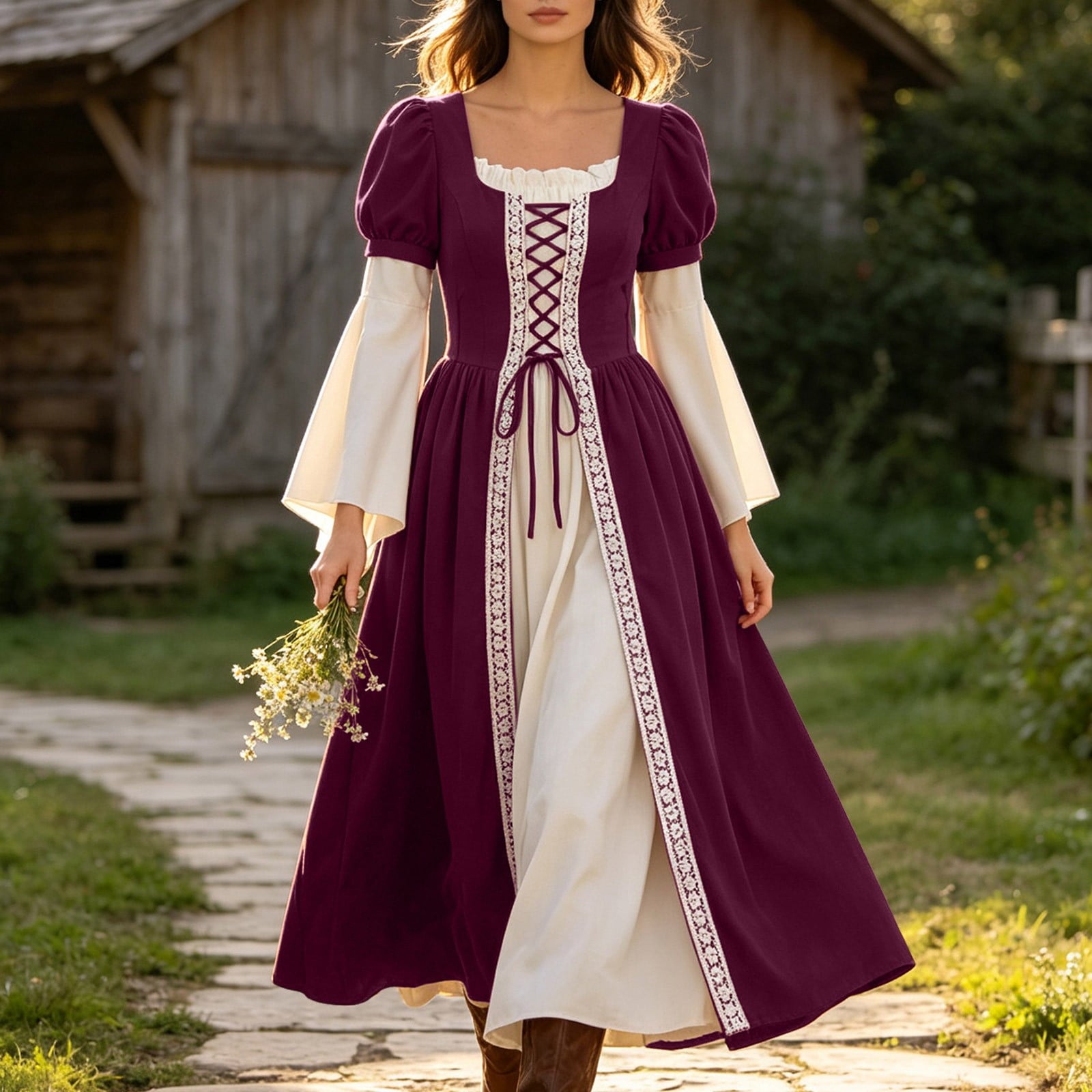 Hurxie Renaissance Costume Women Peasant Medieval Dress Maxi Fairy Dresses with Bell Sleeve Vintage Ren Faire Outfit