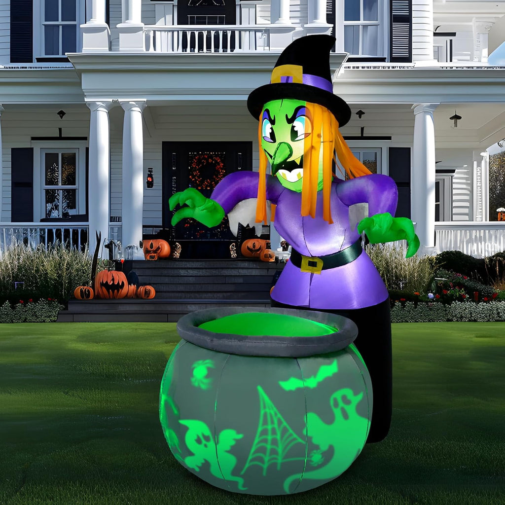Joyfy 6 ft Halloween Inflatable Witch & Cauldron,Blow Up Decor with Rotating Green Ghost Projection Built-in LEDs,Outdoor Decoration for Party,Yard,Garden