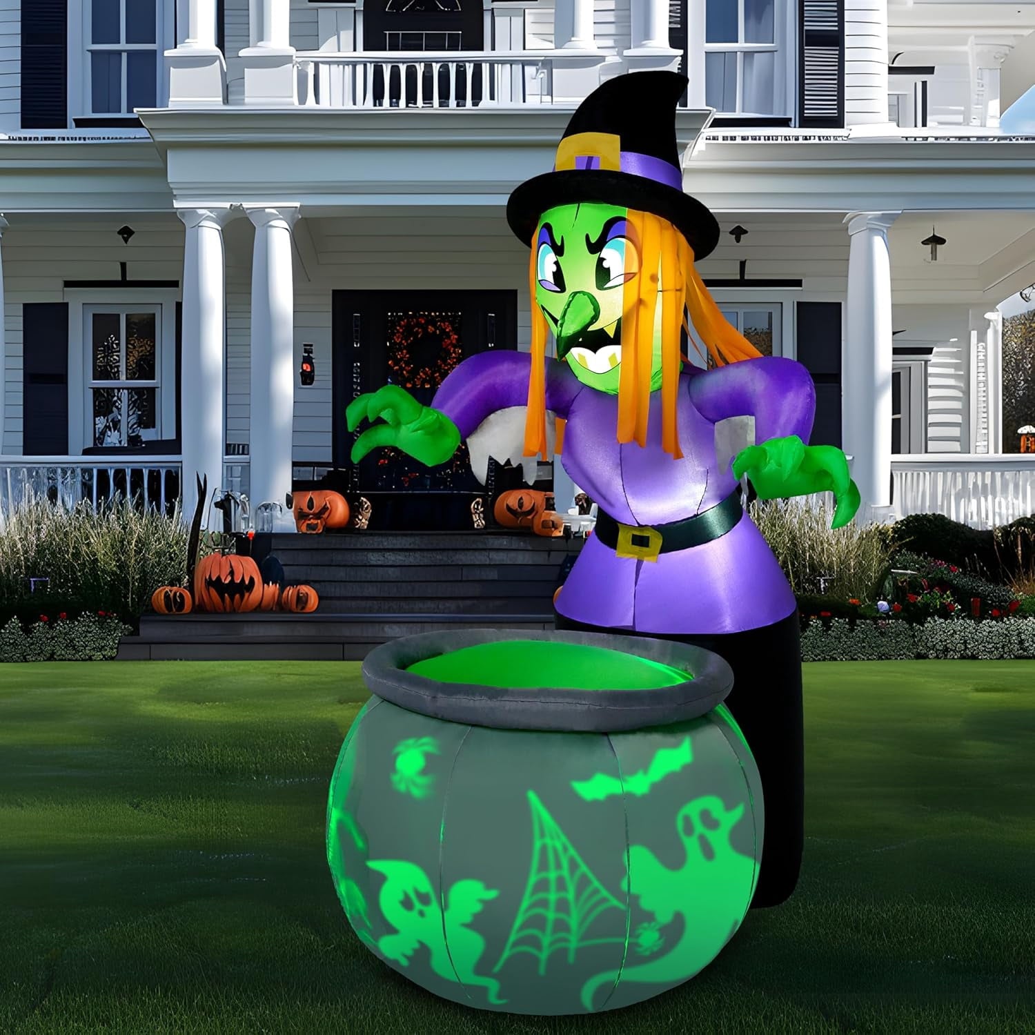 Joyfy 6 ft Halloween Inflatable Witch & Cauldron,Blow Up Decor with Rotating Green Ghost Projection Built-in LEDs,Outdoor Decoration for Party,Yard,Garden