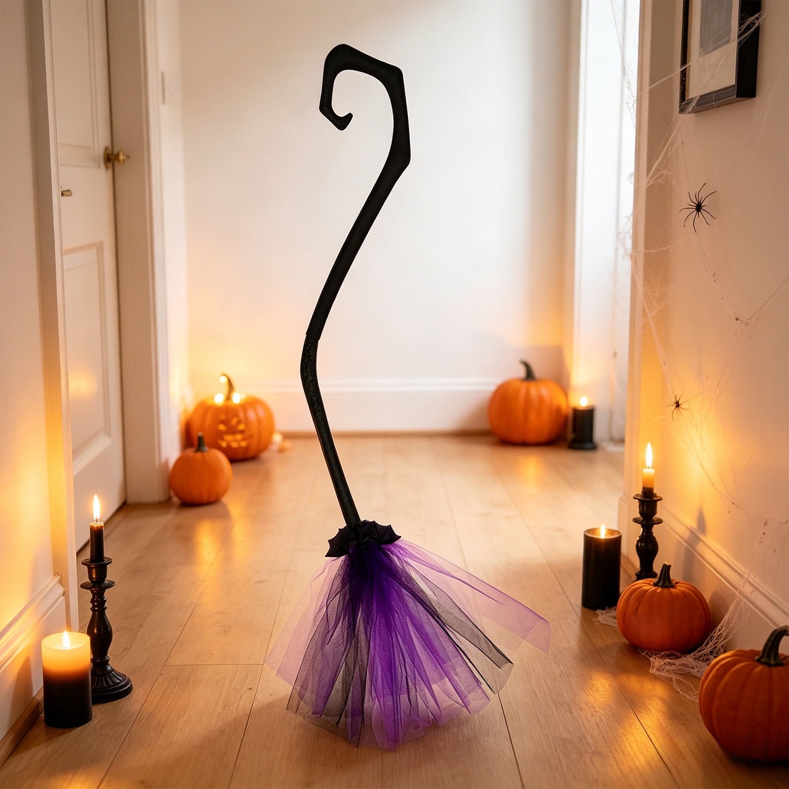 Halloween Witch Broom Cane with Ribbons, 38.2" Witches Broomstick for Wizard Costume Party, Photo Booth Accessory Stage Prop, Halloween Decoration, D
