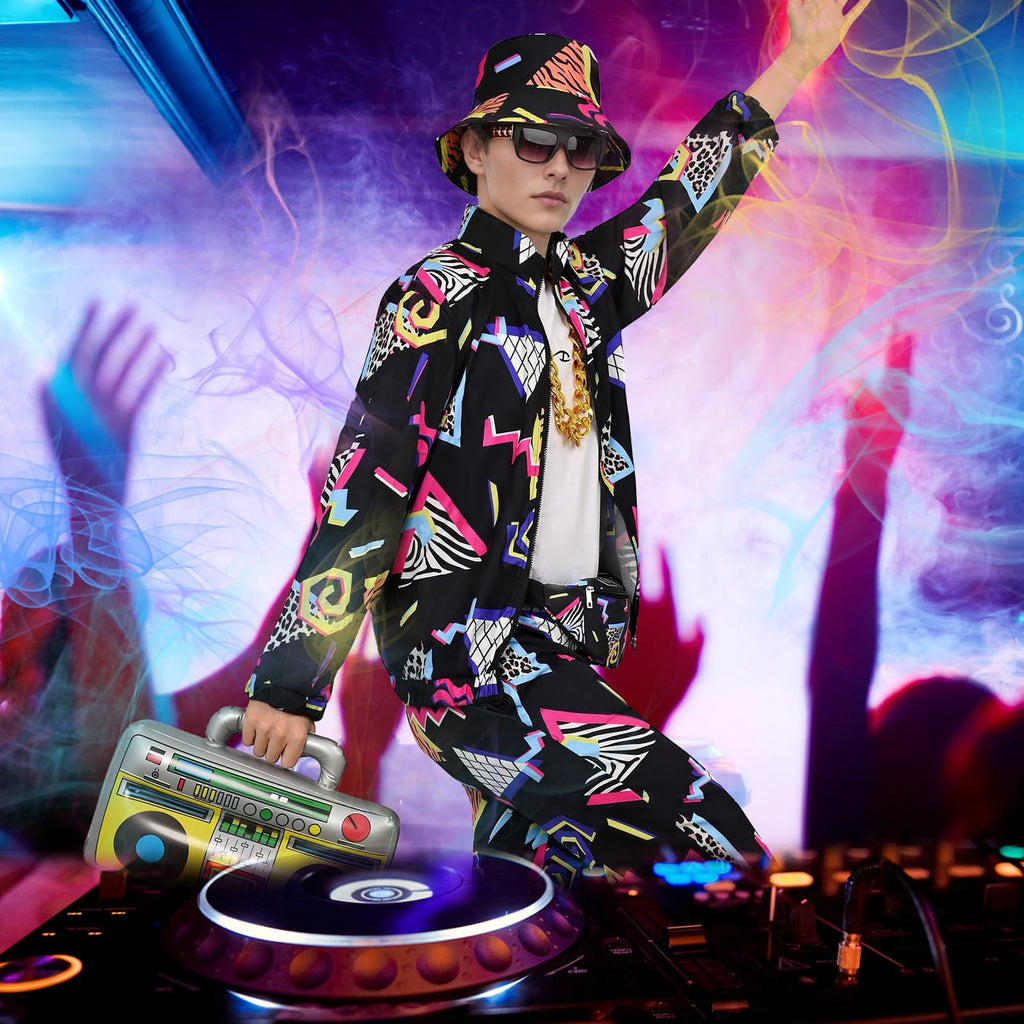 GYQMBT 80s 90s Men's Sportswear, Party Hip Hop Windbreaker 90s Disco Sportswear, 80s Adult Bizarre Costume 8 Piece Set, Black, M