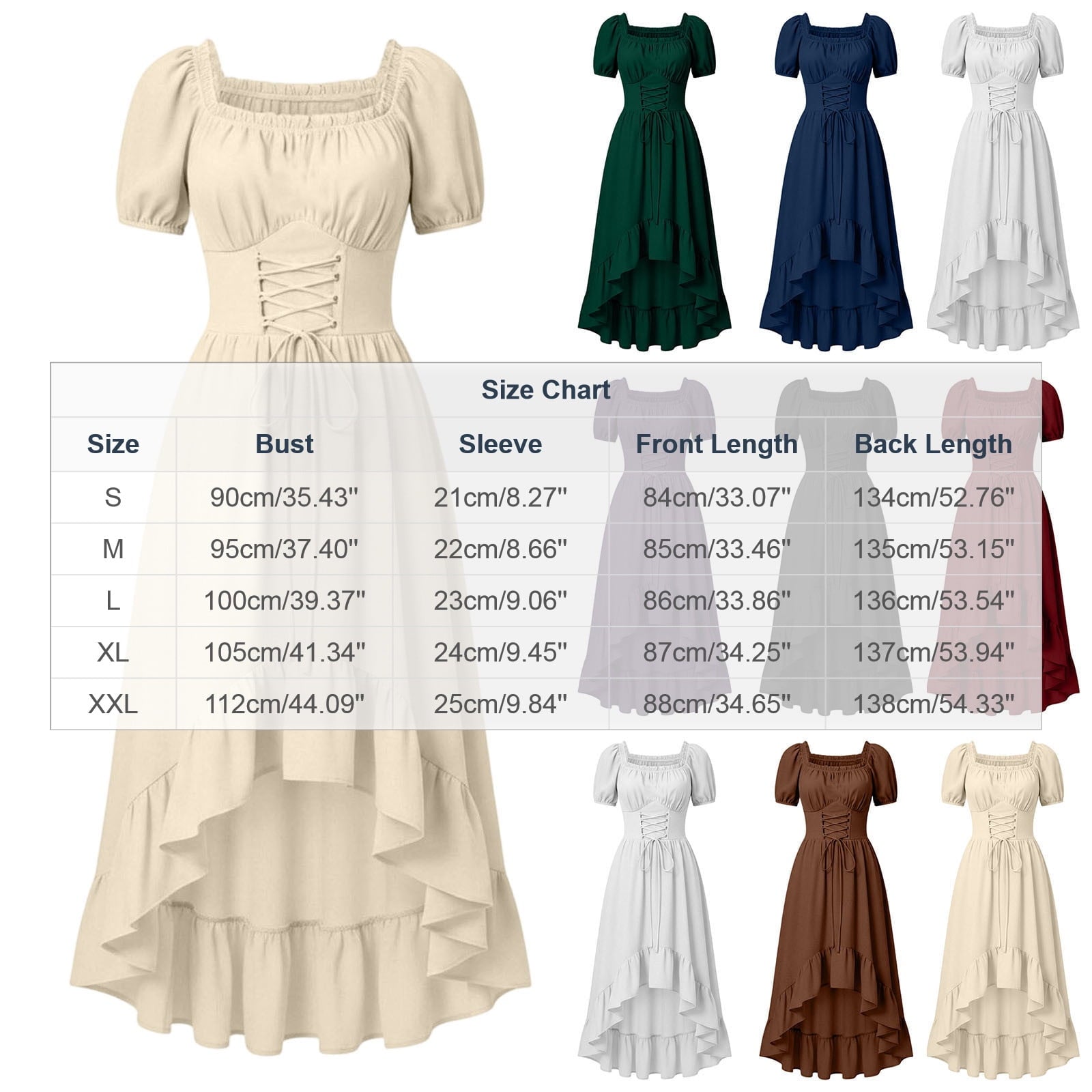 Gothic Dresses for Women Medieval Renaissance Halloween Costume Lace Up Corset High Low Ruffle Hem Square Neck Vintage Gown