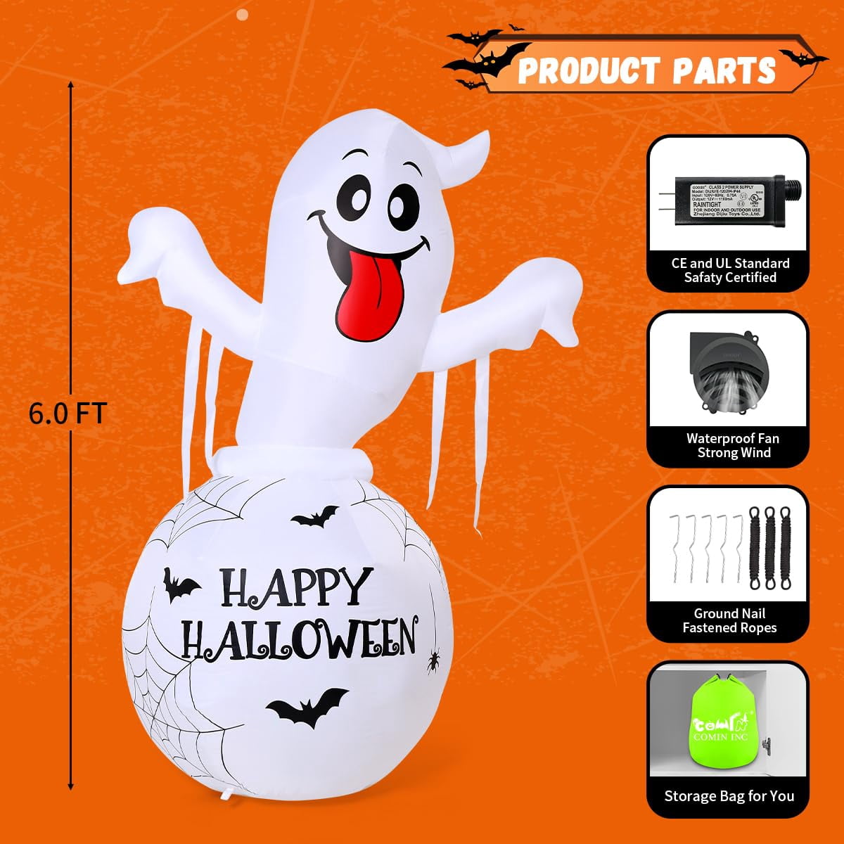 COMIN 6 FT Halloween Inflatable Ghost Trapped in Green Bottle LED Lighted Cute Blow Up Ghost for Indoor Outdoor Halloween Party