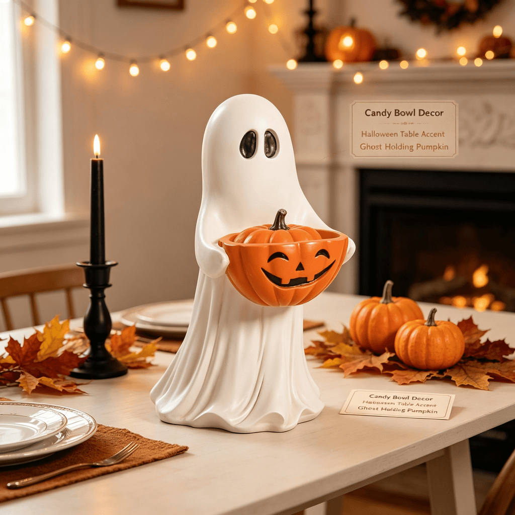Halloween Ghost Figurine with Pumpkin Candy Bowl, Resin Spooky Ghost Statue Holding Jack O Lantern Treat Bowl, Cute Ghost Candy Holder Tabletop Decor for Front Door Decorations White