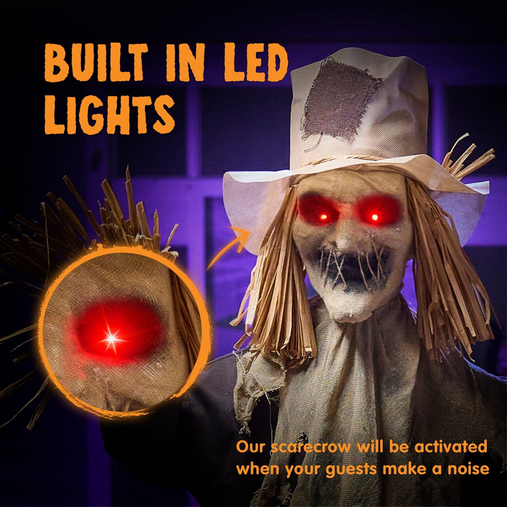 Joyfy 67" Standing Grim Reaper with Chain, Large Halloween Decorations Outdoor, Life Size Animatronics Skelton, Sound-Actived Party Decor with Creepy Sound & LED Eyes, Scary Haunted House Props