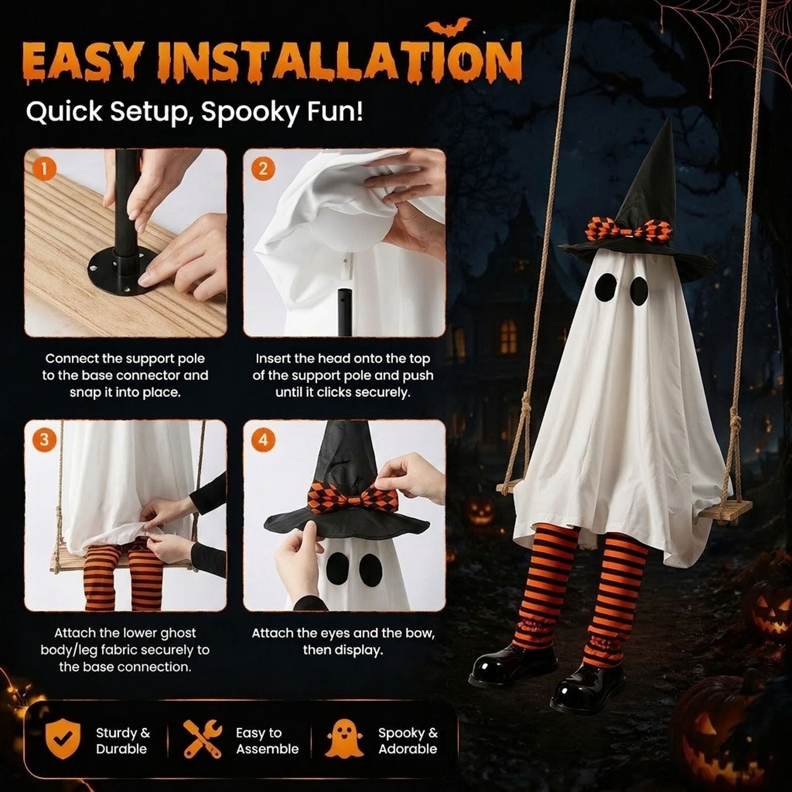 Cloth Hanging Swing Ghost Halloween Outdoor Decor,Remote Controlled LED Lighted Floating Ghost Ornament With 8 Lighting Modes For Porch Tree Yard Seasonal Holiday Display,Total Length 120.4 in.A
