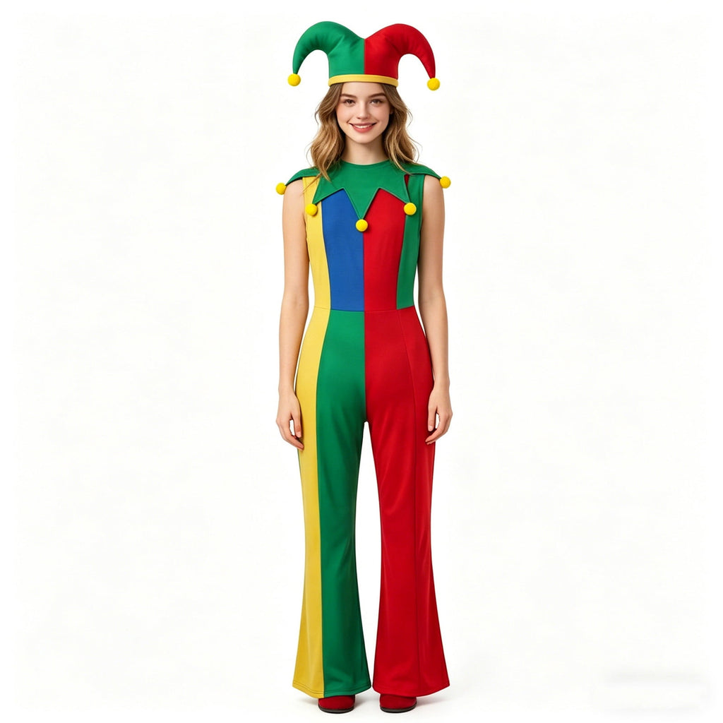 Clown Costume Set for Halloween Cosplay, Multicolor Circus Show Clown One-Piece Outfit Jumpsuit for Halloween Carnival Party Suit, Halloween Costume for Women, M