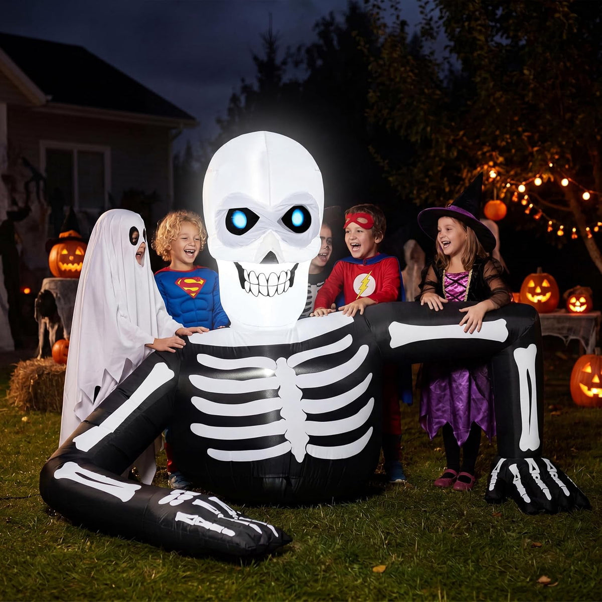 Joyfy 5.5ft Halloween Inflatables Long Light Up Skeleton Ground Breaker Halloween Inflatables Outdoor Decorations,Blow up Halloween Yard Decorations