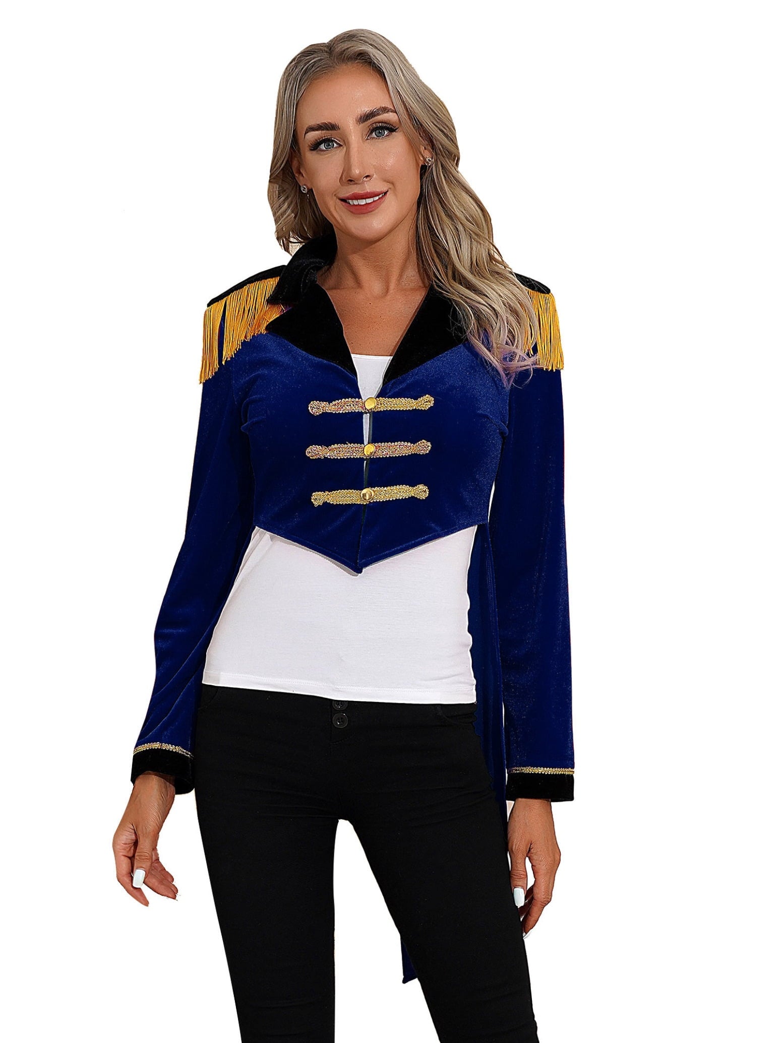 Haitryli Women's Circus Ringmaster Costume Tailcoat Jacket Lapel Velvet Collar Vintage Long Sleeve Navy Blue S