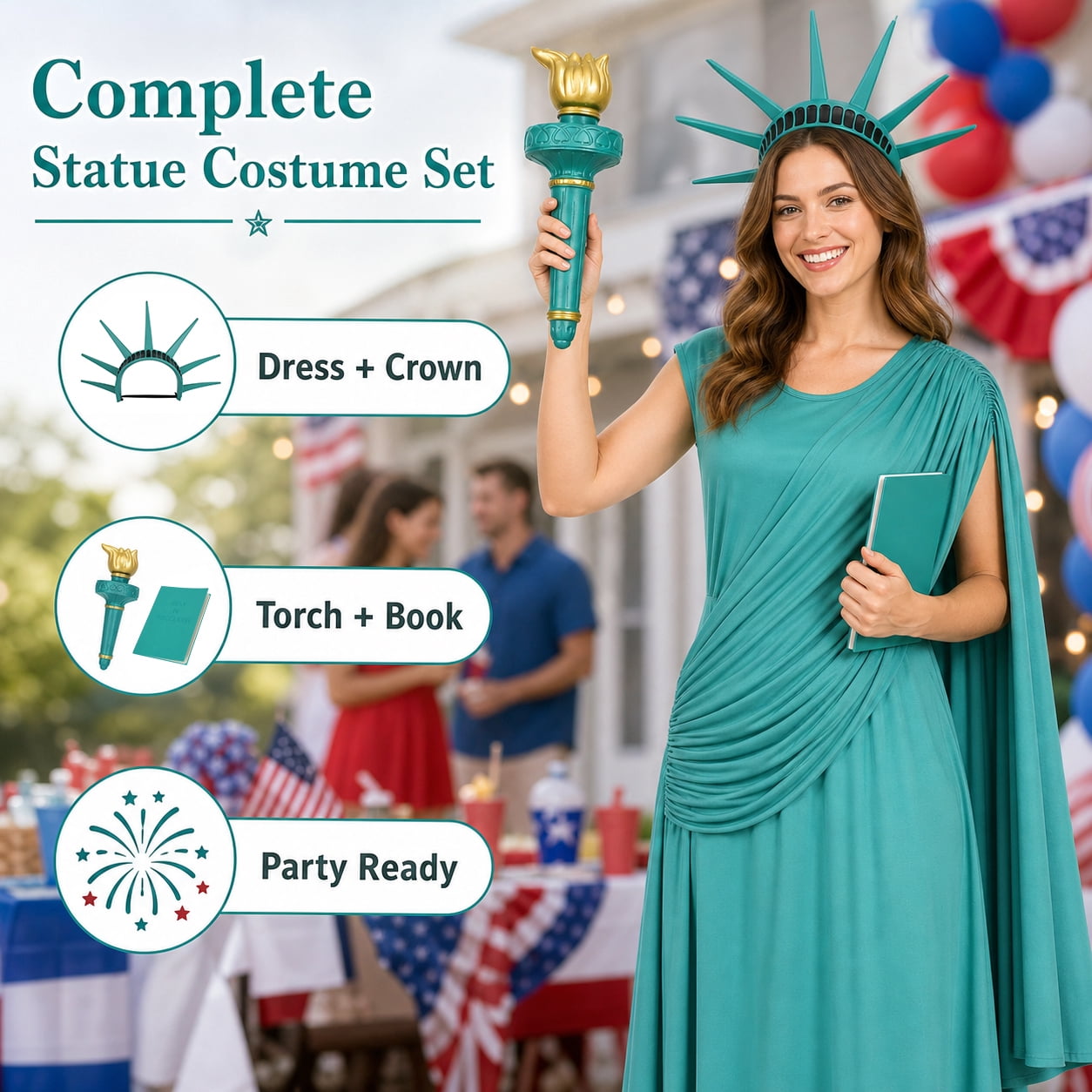 VZQI Statue of Liberty Costume Set for Women, Lady Liberty Outfit | Liberty-inspired costume set with gift-box packaging; choose 2-piece or 4-piece options for Halloween, parties and July 5th