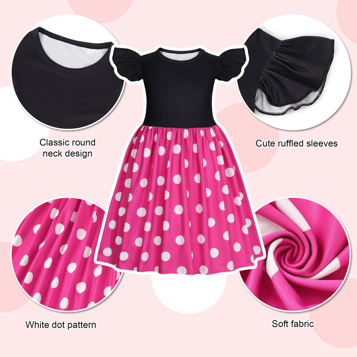 Benylion Toddler Girls Pink Polka Dot Dresses Birthday Party Fancy Dress Up Costume for 7-8 Years