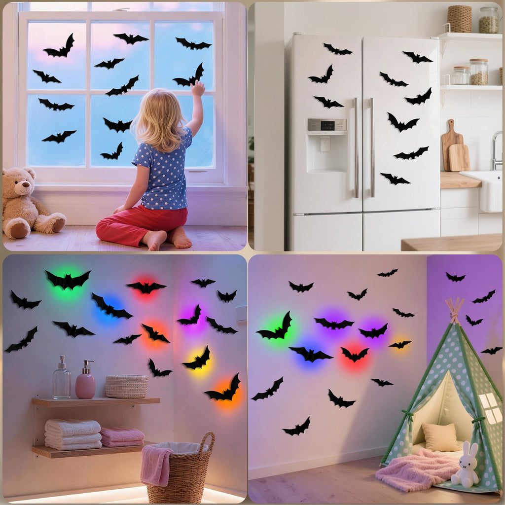 PChero 48Pcs Halloween Bats Wall Decor with 12 Color Changing Lights, 3D Light up Bats with Remote Timer, 10 Different Size PET LED Bat Wall Stickers for Bedroom Window Spooky Decor Home Decals