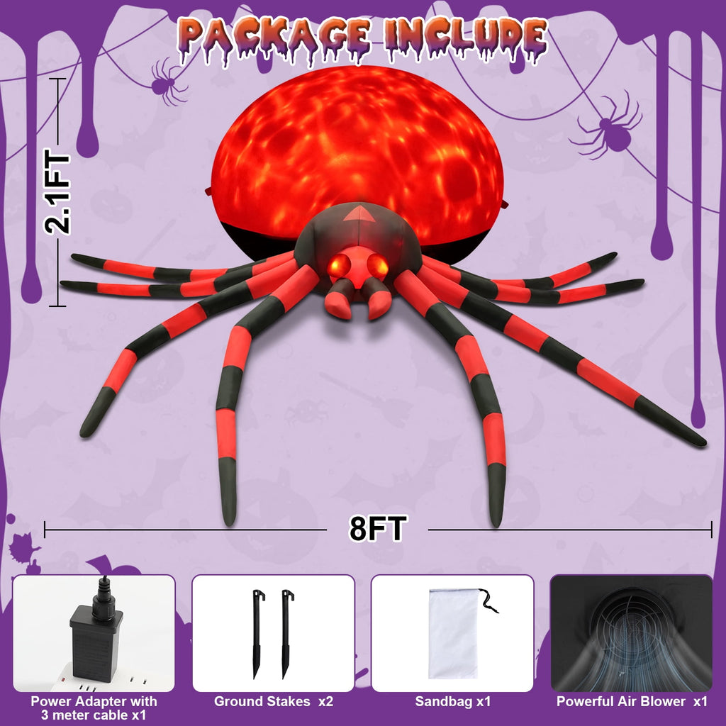 Yexmas 8FT Halloween Inflatables Outdoor Decorations Giant Spider Decorations with LED Lights and Air Pump Blow up Inflatable, Red
