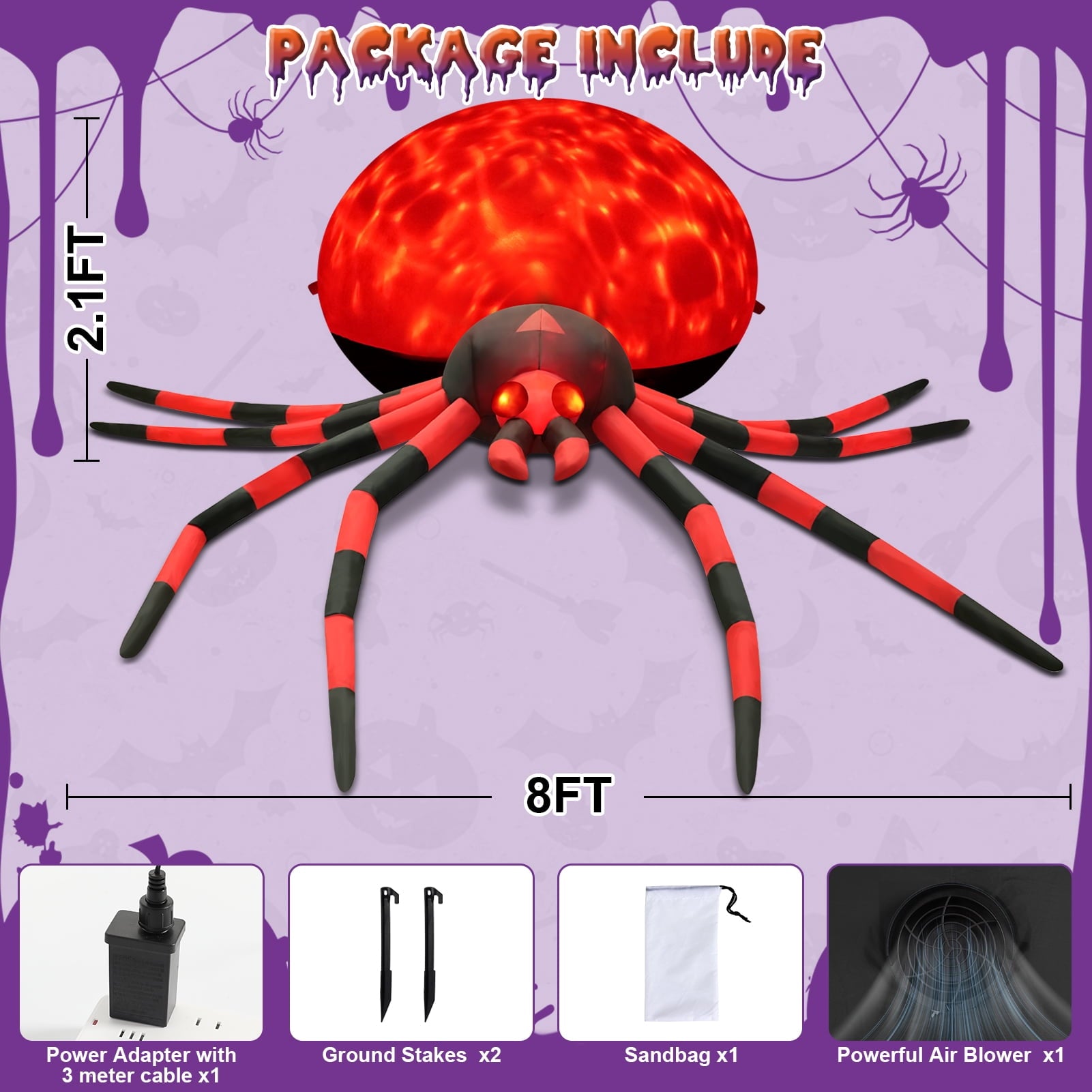 Yexmas 8FT Halloween Inflatables Outdoor Decorations Giant Spider Decorations with LED Lights and Air Pump Blow up Inflatable, Red