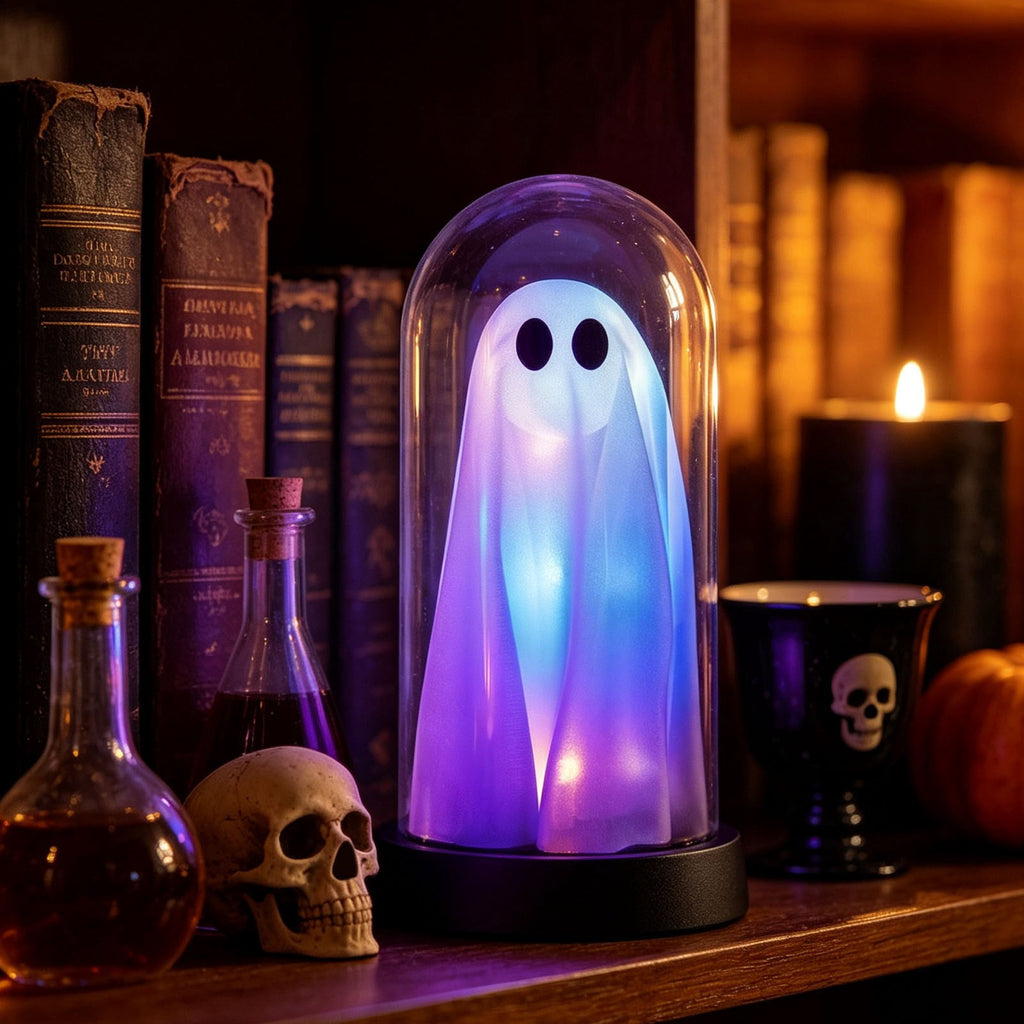 Darzheoy Halloween Decoration Ghost Cloche Lamp, with 3 Mini Figurines, Halloween Ghost Spooky, White Warm Glow, 1 Count