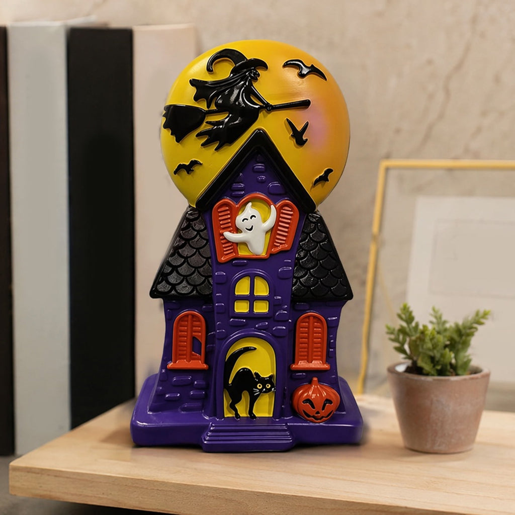 HAHUT Halloween House Blow Mold Light, Resin Pre-Lit Spooky Mansion with Glowing Witch Moon, Ghost & Black Cat for Halloween Party Tabletop Decor (Purple)