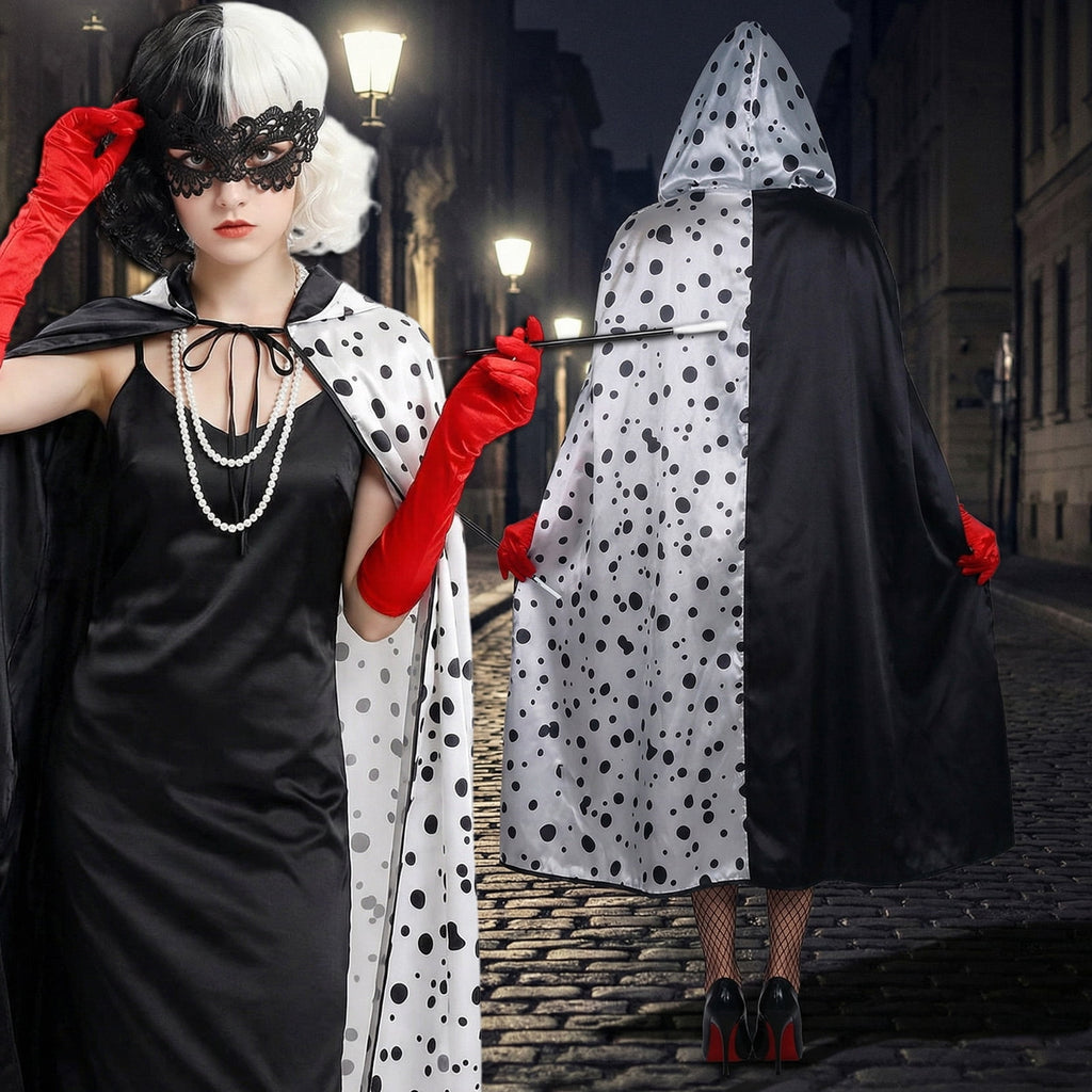 Forfamy De-Ville Costume Women,Black White Coat with Wigs Gloves Necklace, Womens Halloween Costumes