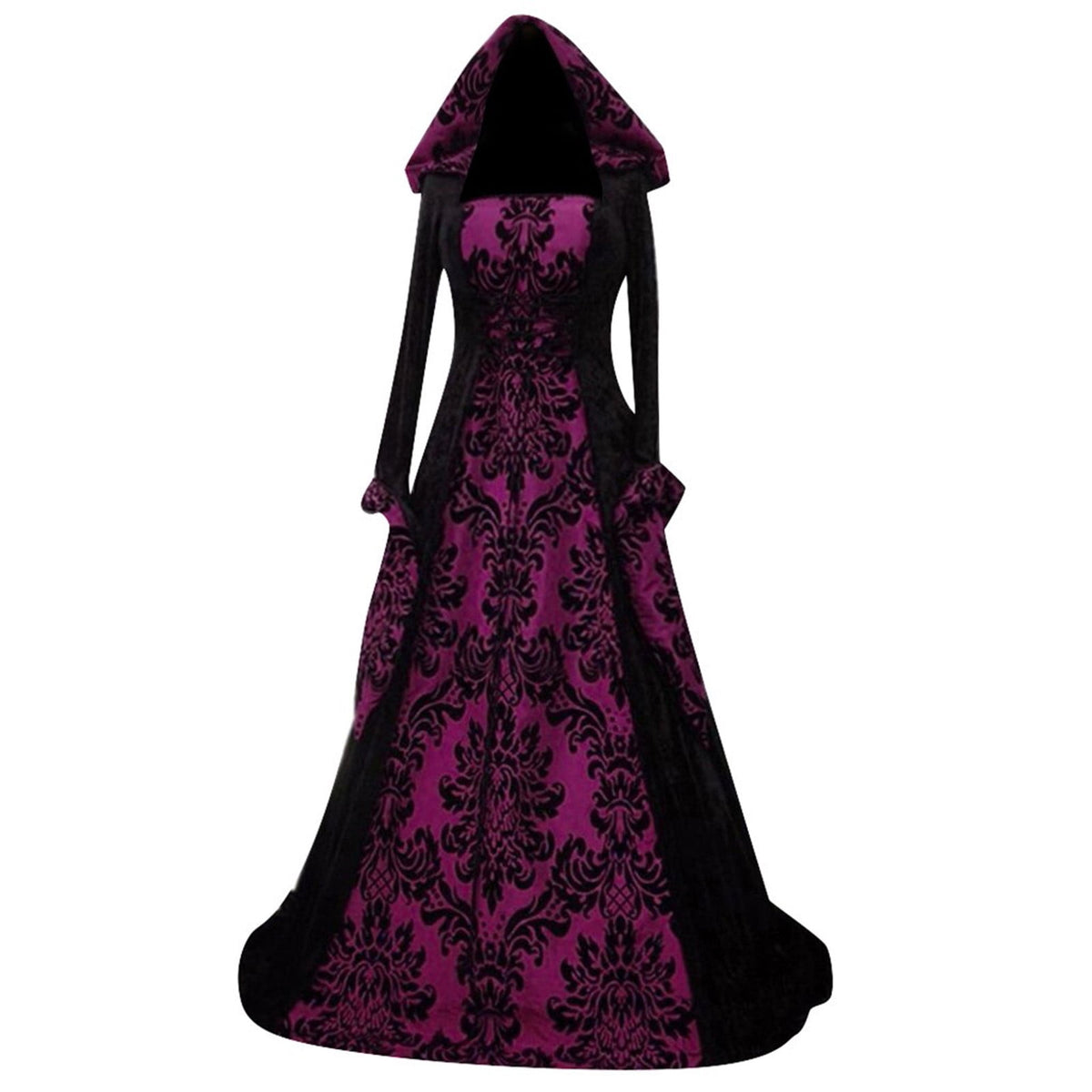 Medieval Damask Gown, Renaissance Witch Costume, Halloween Vampire Dress, Bell Sleeve Hooded Gown, Women Victorian Gothic Hooded Witch Dress Vampire Sorceress Vintage Renaissance Ball Gown, Red L
