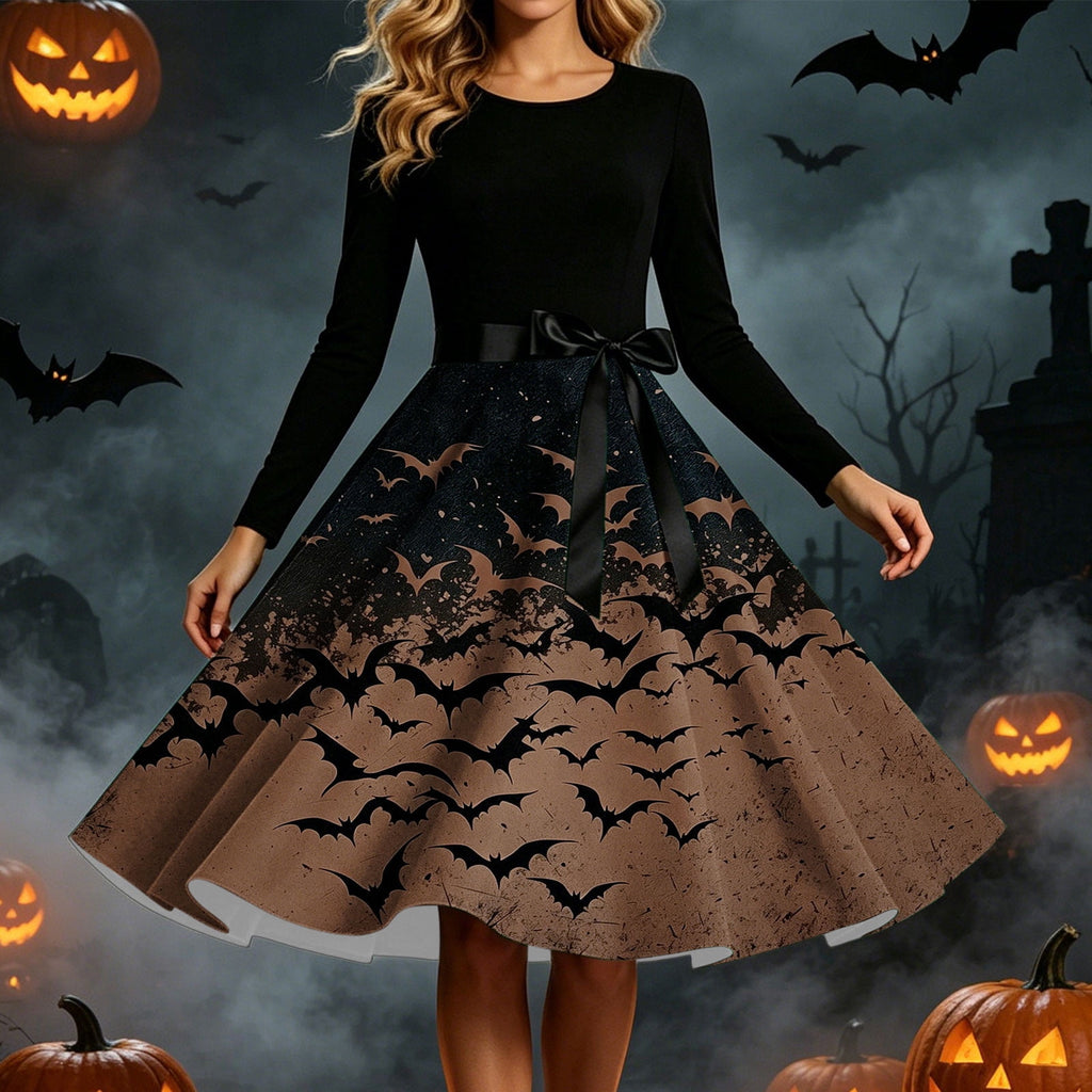 Women's Vintage Halloween Bat Print Swing Dress Long Sleeve 1950s Retro A-Line Midi Dresses with Satin Sash Belt for Gothic Cosplay Evening Prom Party