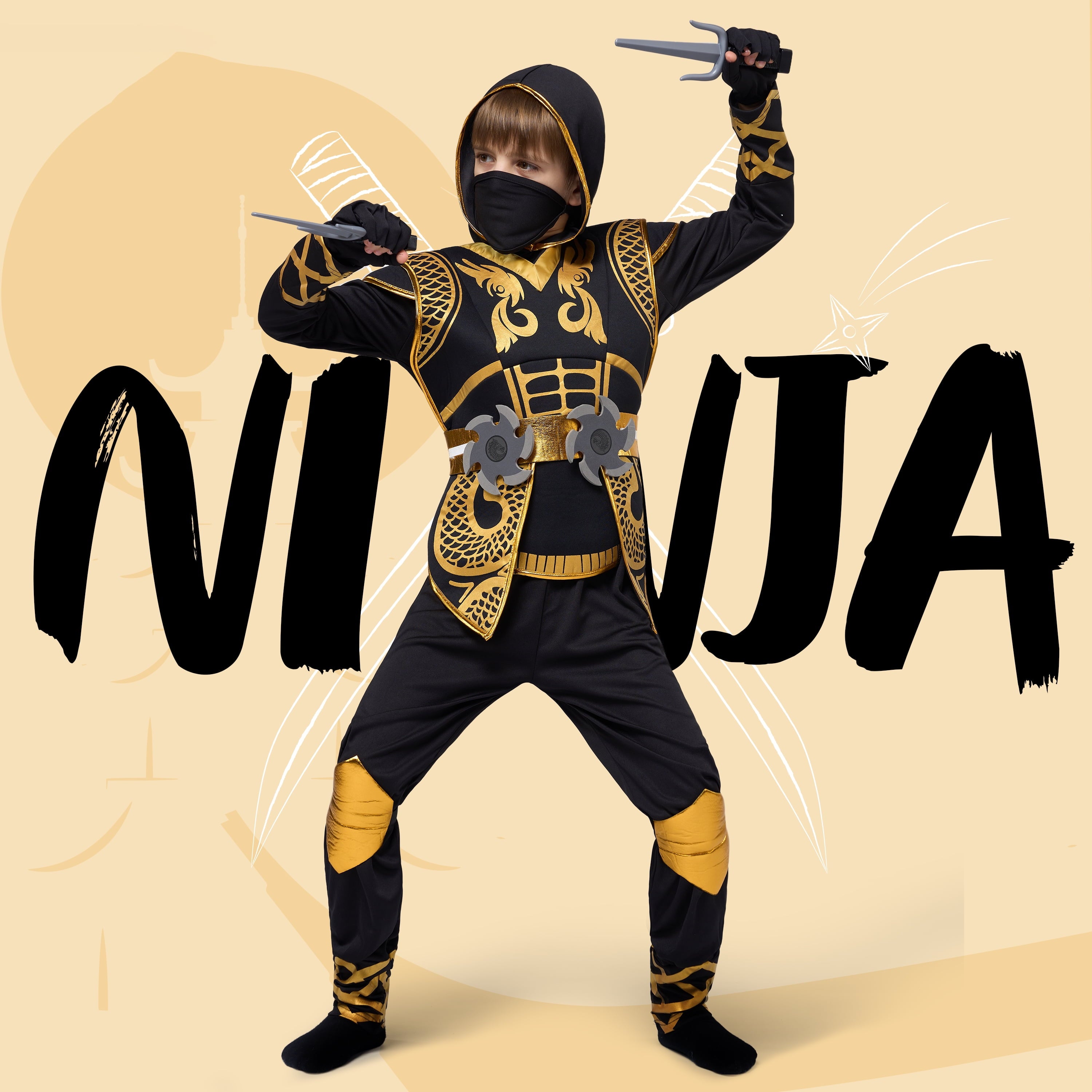 Joyfy Kids Golden Ninja Costume for Toddler Boys Halloween Dress Up Age Up to 12 Years