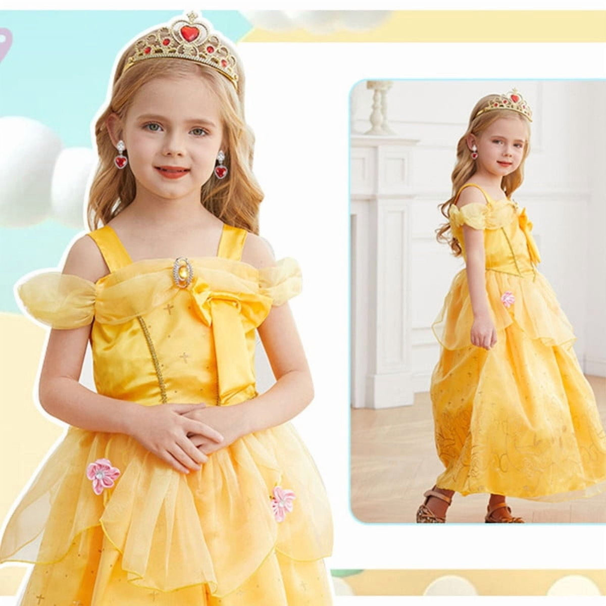 Jurebecia Princess Dress for Girls Costume Kids Off Shoulder Layered Toddler Halloween Cosplay Birthday Party Outfit up Yellow 120 cm 5-6 Years