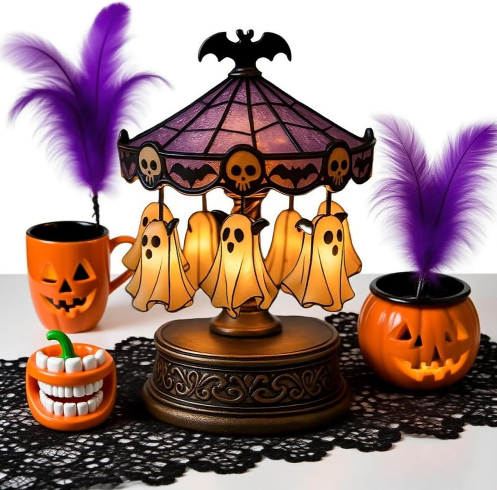 HaCpiu Halloween Ghost Carousel Night Light, Halloween Rotating Desktop Sculpture with LED Glow, Spooky Animated Tabletop Decoration for Indoor Holiday Accent