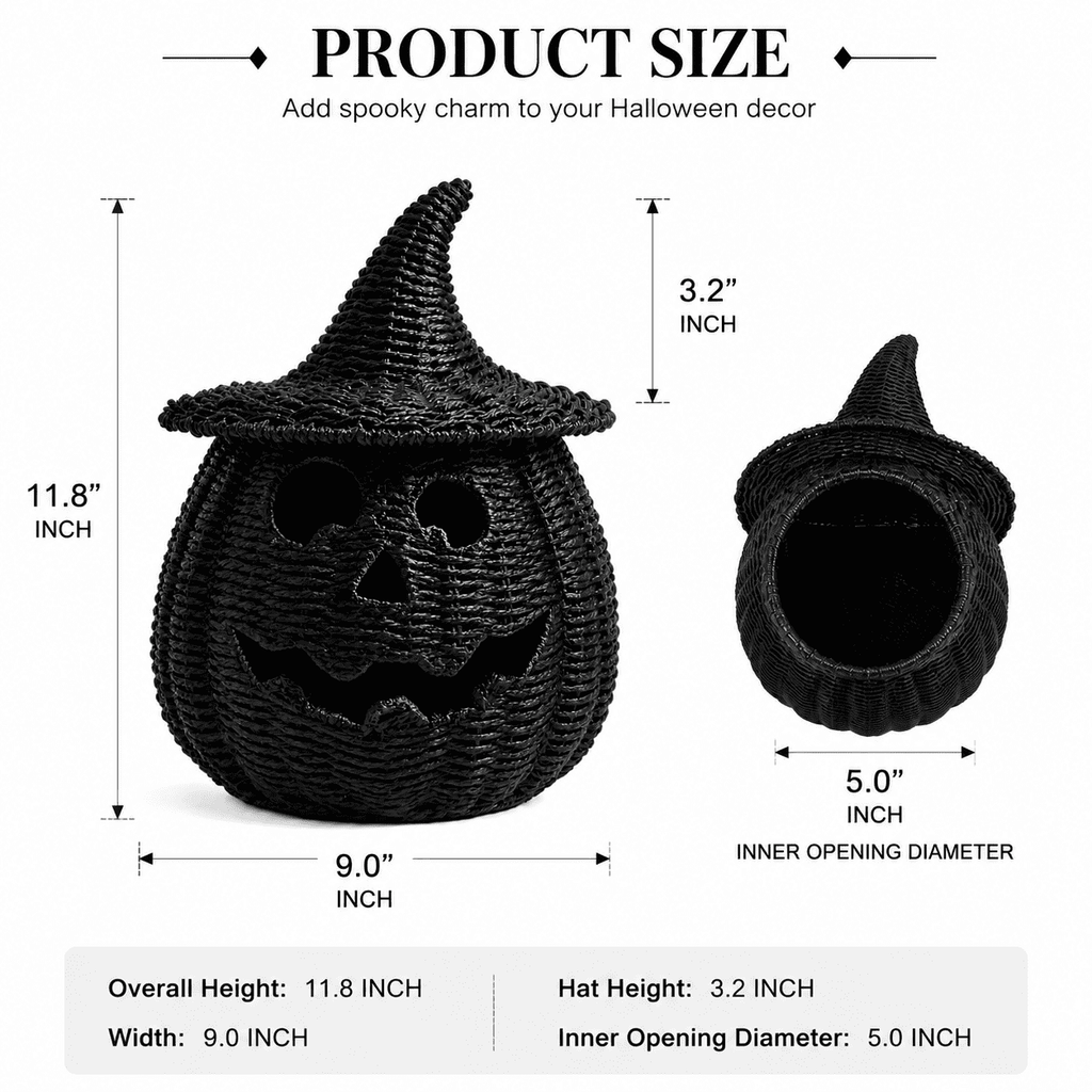Aximioll Black Wicker Jack-O-Lantern Pumpkin 11.8In, Woven Rattan Halloween Pumpkin with Witch Hat, Cutout Face Tabletop Decor for Porch Entryway Mantel, Black