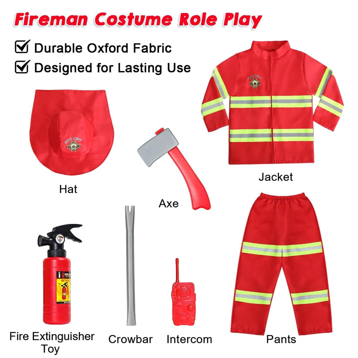 JCCXIN Child Toddler Boys Girls Halloween Fireman Outfits Career Role Play Dress-Up Party Clothes Coat And Pants With Accessories Set Trick Or Treat School Carnival Funny Outfit Sets,Red,4-5 Years