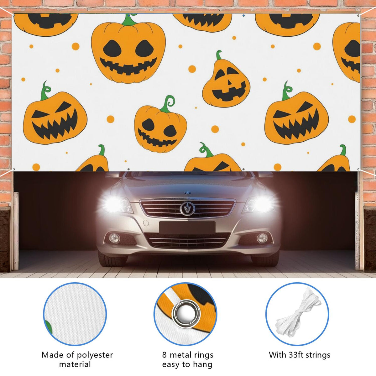 Halloween Garage Door Cover - 13x6ft Spooky Ghost Pumpkin Skull Witch Black Cat Polyester Backdrop for Outdoor Decor