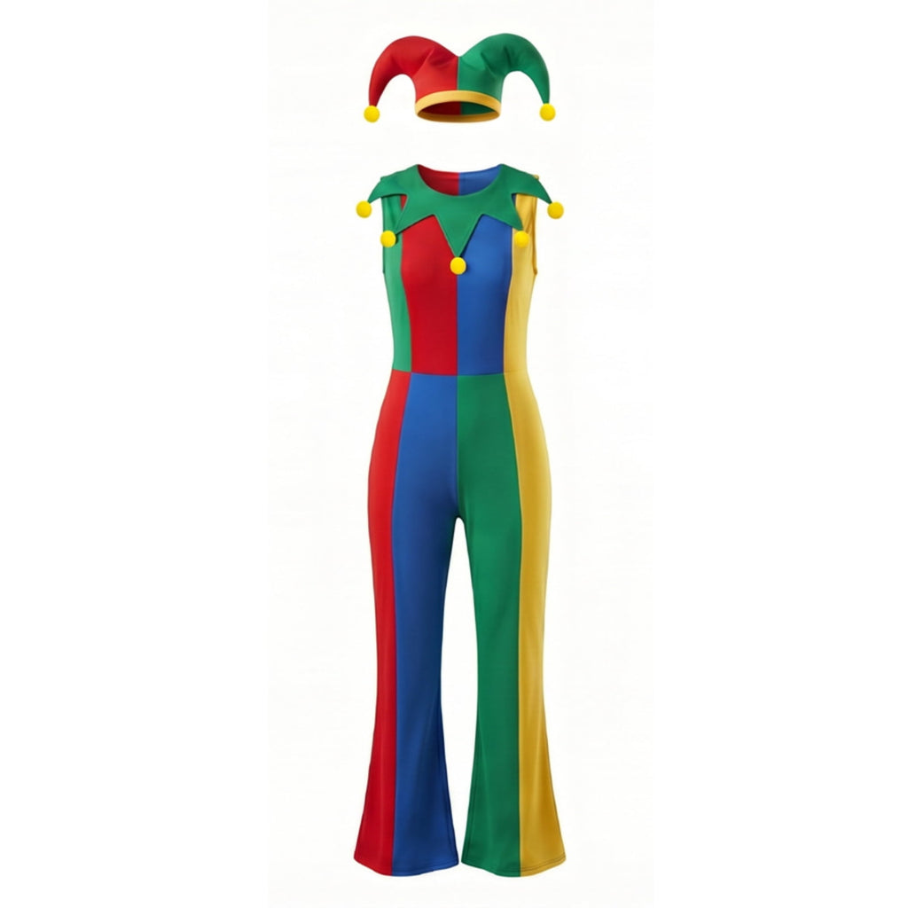 Clown Costume Set for Halloween Cosplay, Multicolor Circus Show Clown One-Piece Outfit Jumpsuit for Halloween Carnival Party Suit, Halloween Costume for Women, M