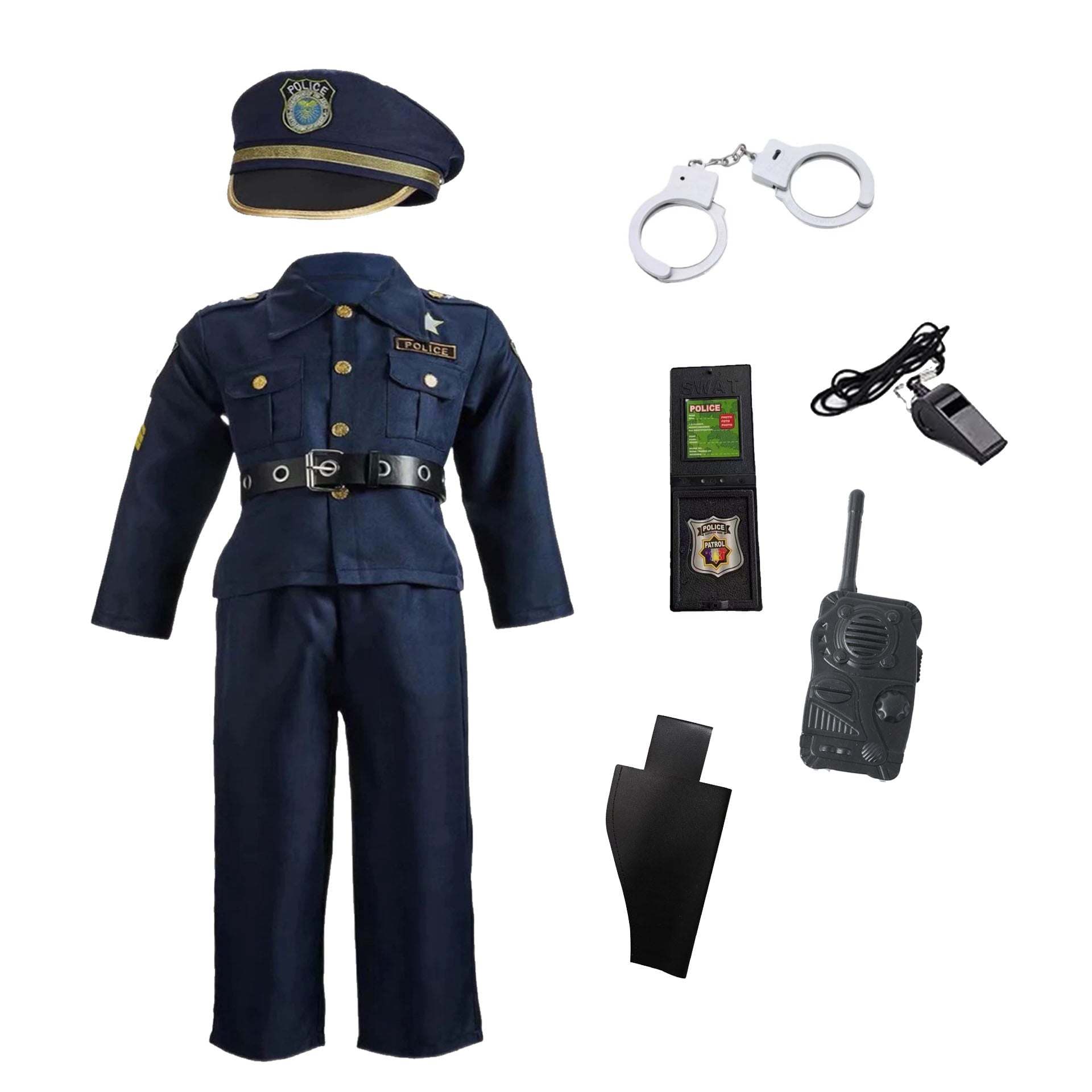 9‑Piece Kids Police Pretend Play Costume Set, Role Play Dress‑Up Outfit for Boys 3‑10 Years Old, Navy Blue