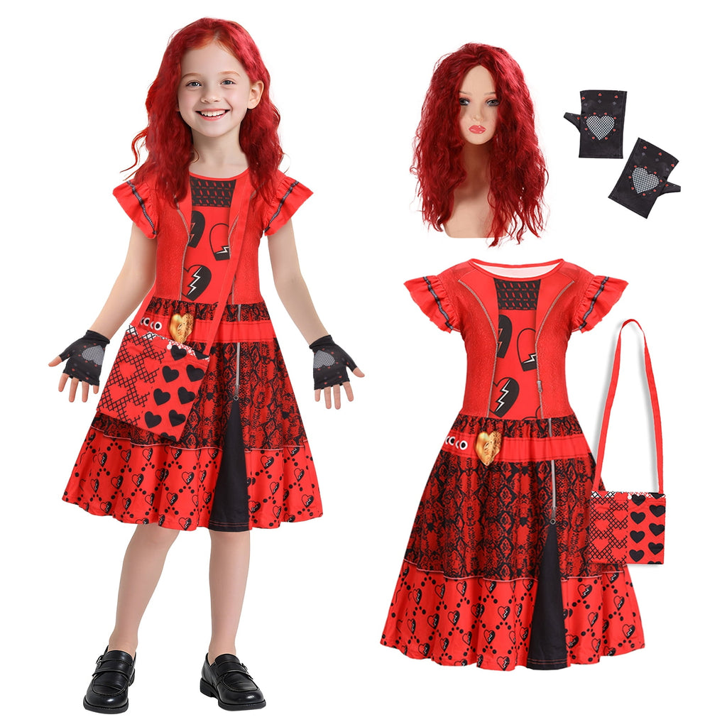 4 Piece Girls Red Heart Vampire Descendants Costume Dress with Wig Gloves Bag Full Set,Red Princess Dress Fancy Party Outfits(130CM)