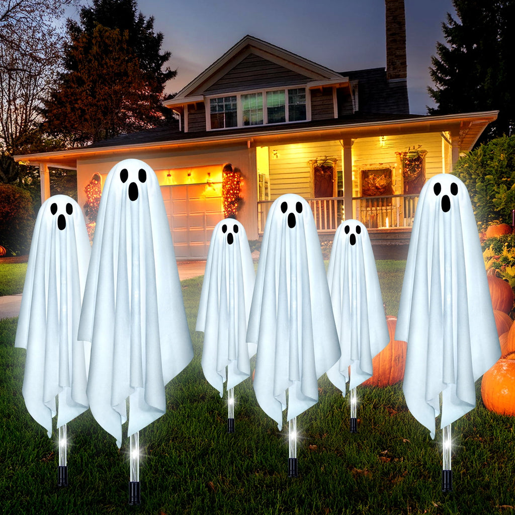Qoosea Halloween Decorations Outdoor, 6 pack Light up Spooky Ghosts with 8 Modes LED Light - Scary Standing Ghosts Decor for Front Door Porch Yard Home Party