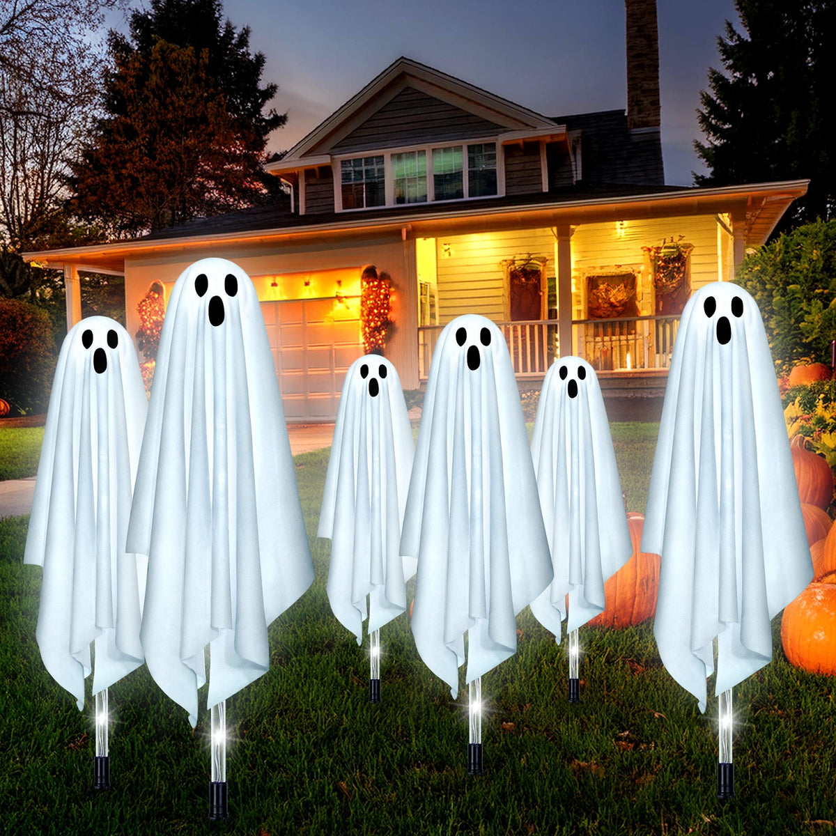 Qoosea Halloween Decorations Outdoor, 6 pack Light up Spooky Ghosts with 8 Modes LED Light - Scary Standing Ghosts Decor for Front Door Porch Yard Home Party