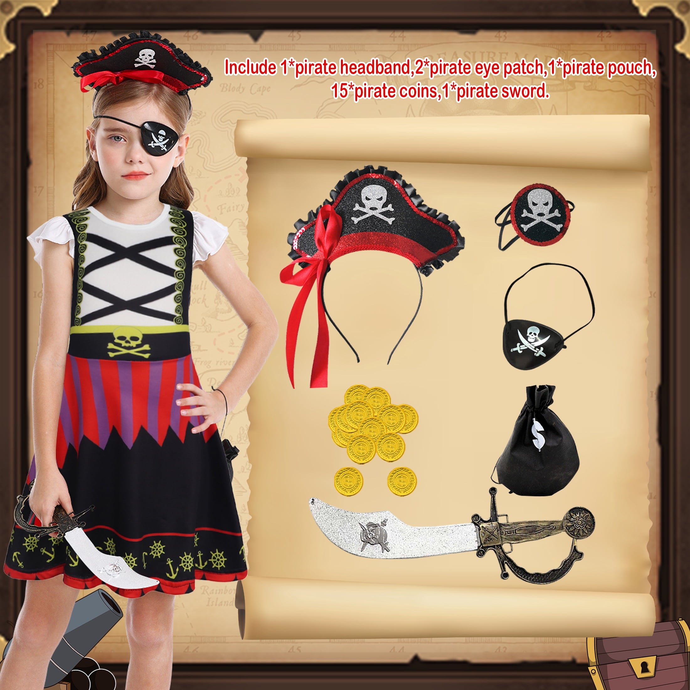 Benylion Girls Pirate Costume for Kids Halloween Party Dress Up Toddler Pirate Christmas Cosplay Outfit with Accessories for 5-6 Years
