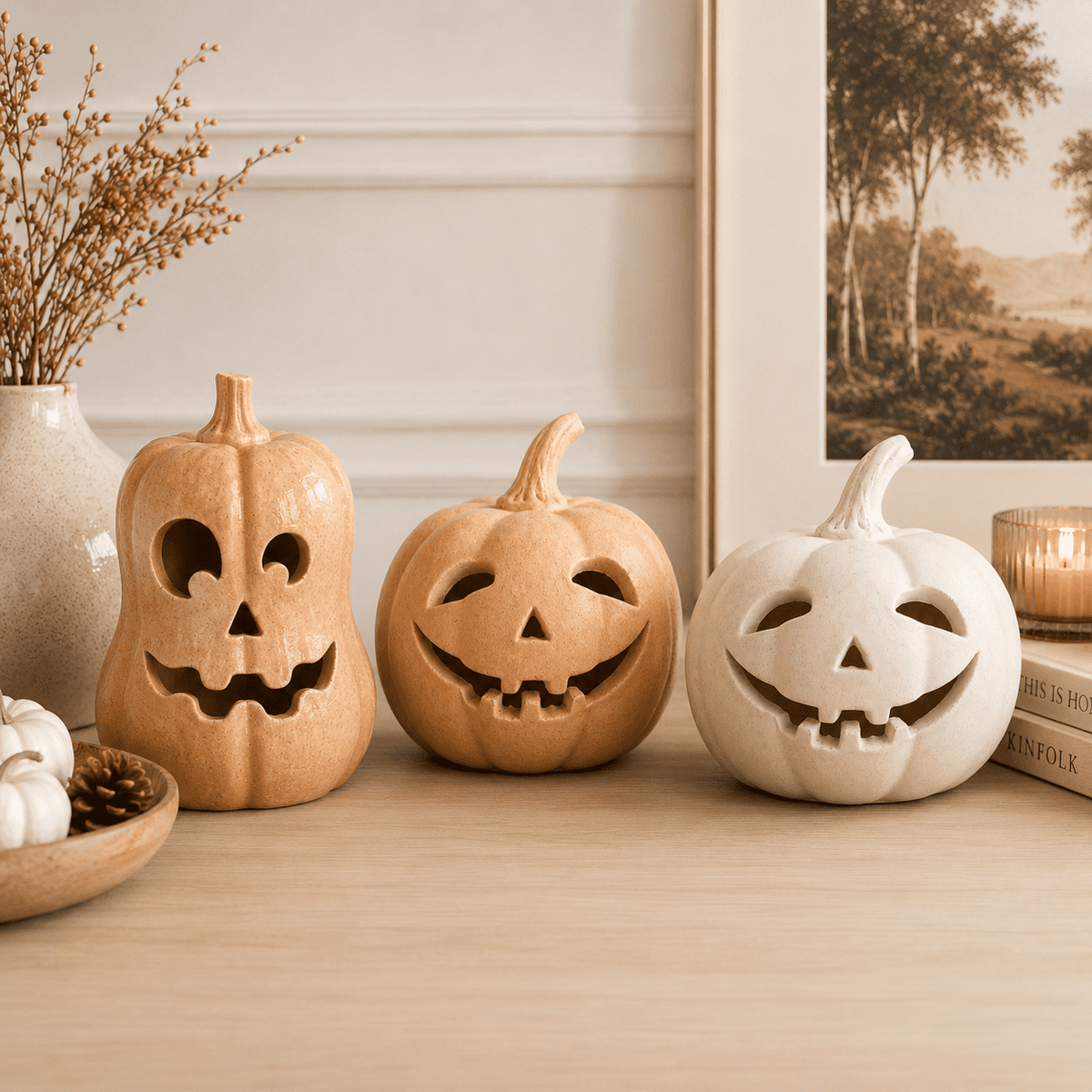 Halloween Handcrafted Jack-O'-Lantern, 5.5" Hand-Carved Pumpkin Decor, Durable Kiln-Fired Autumn Halloween Centerpiece for Indoor Tabletop, Mantle & Fall Home Decoration 2026
