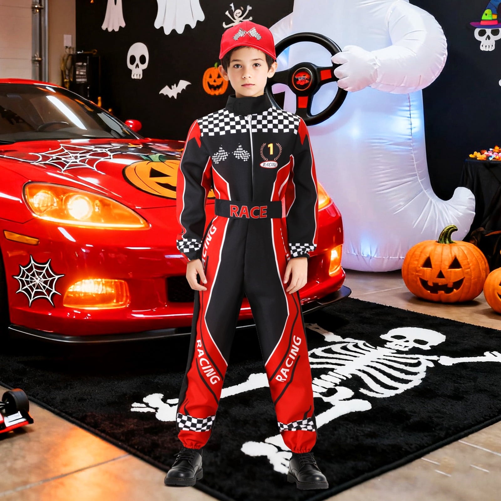 Race Car Driver Costume Boys Kids Racer Jumpsuit Outfits with Car Cap for Halloween Dress Up