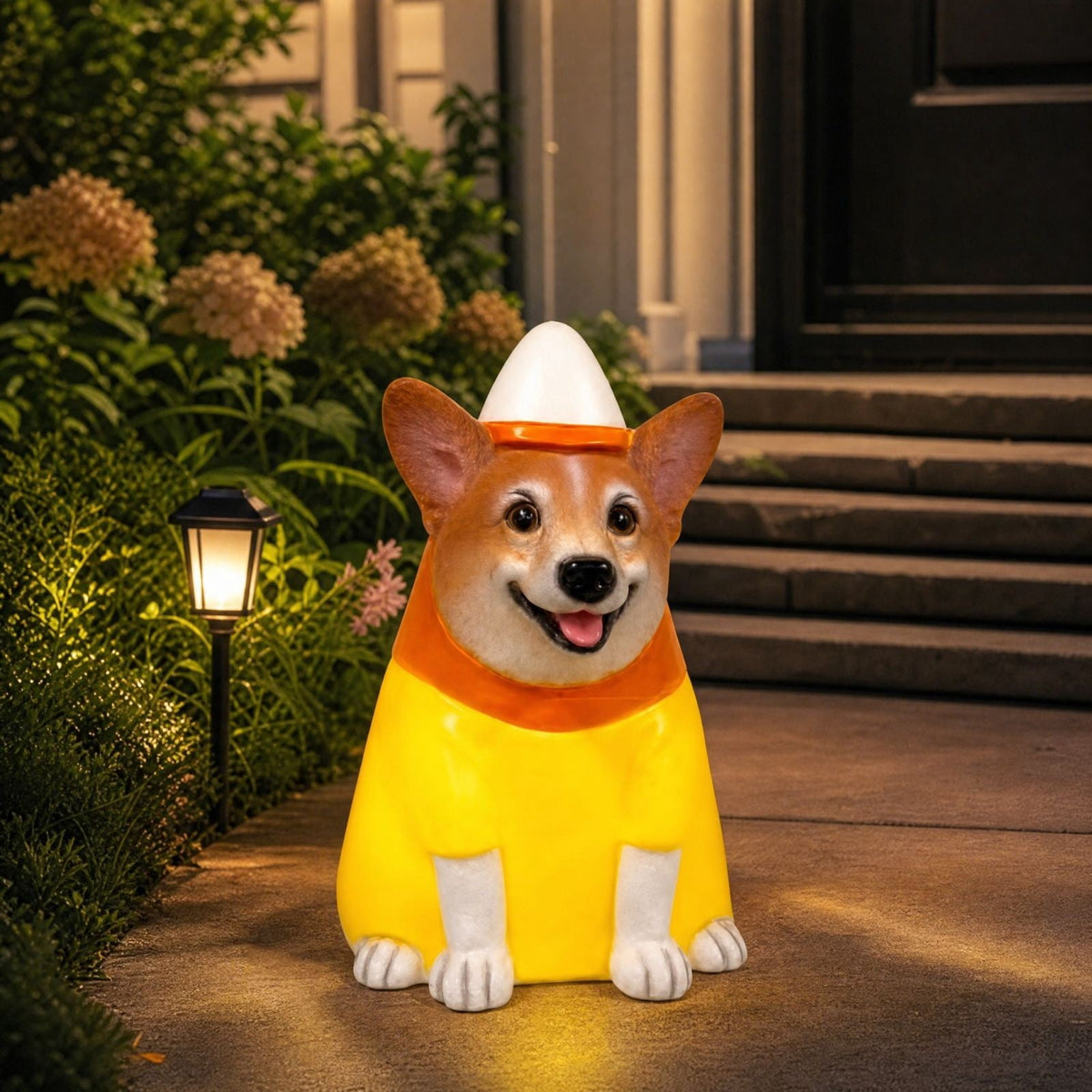 Halloween Dog Greeter - Frenchie 7.9in Resin Witch Dog with Light-Up Pumpkin, Spooky Fall Decor, Indoor Outdoor Tabletop Decoration