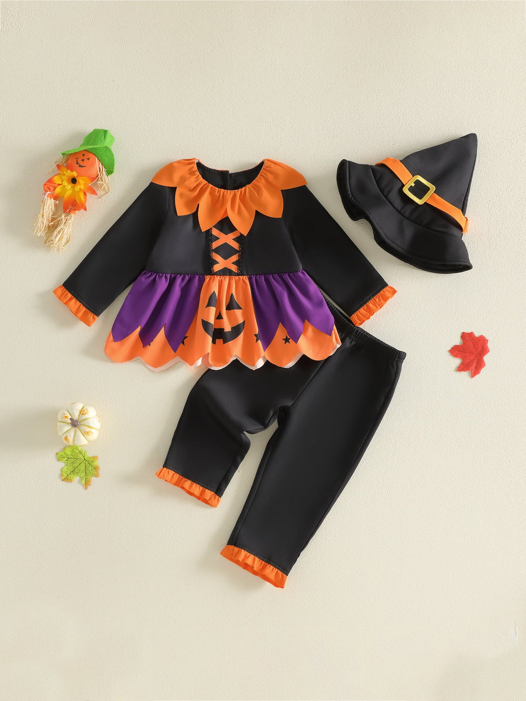 RUINIXCW Toddler Baby Girl Halloween Witches Costume Kids Pumpkin Costume Infant Girl Fall Cosplay Outfit Long Sleeve Collar Babydoll Shirt and Pants Hat Set