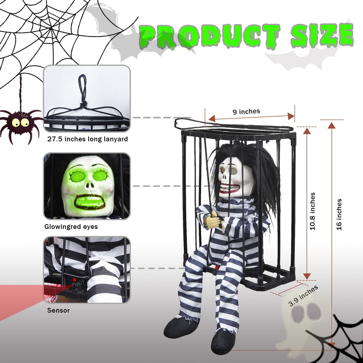 Magotan Screaming Animated Halloween Decorations, Outdoor Indoor Hanging Spooky Halloween Decoration, Scary Ghost Cage with Motion Sensor
