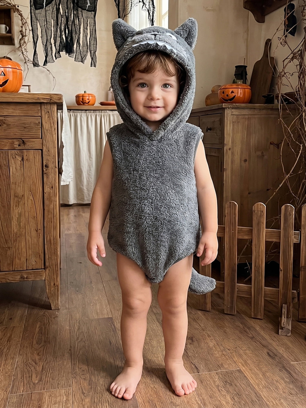 RUINIXCW Newborn Baby Boy Halloween Wolf Costume Kids Infant Animal Cosplay Outfit Toddler Fall Winter Clothes Warm Fleece Hooded Sleeveless Romper