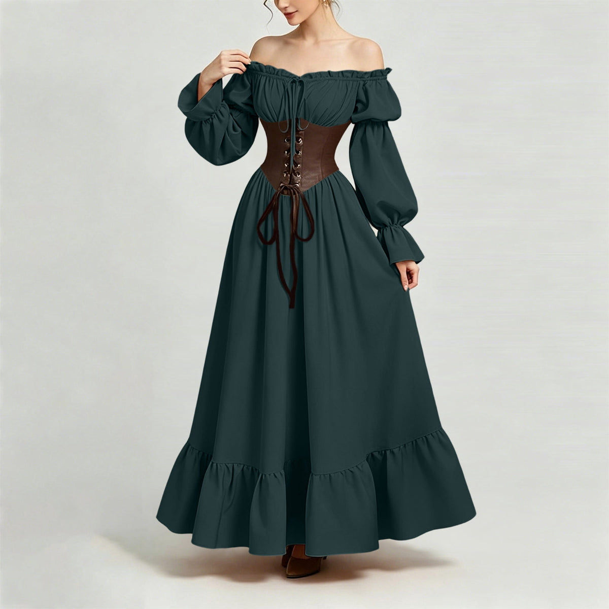 QATAINLAV Renaissance Costume Women Vintage Medieval Dress Cold Shoulder Short Sleeve Peasant Pirate Irish Maxi Dresses, Black, L