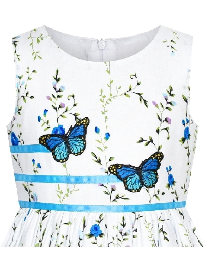 Sunny Fashion Girls Dress Sleeveless Rose Floral Butterfly Garden Party Sundress Cotton Blue 9-10 Years