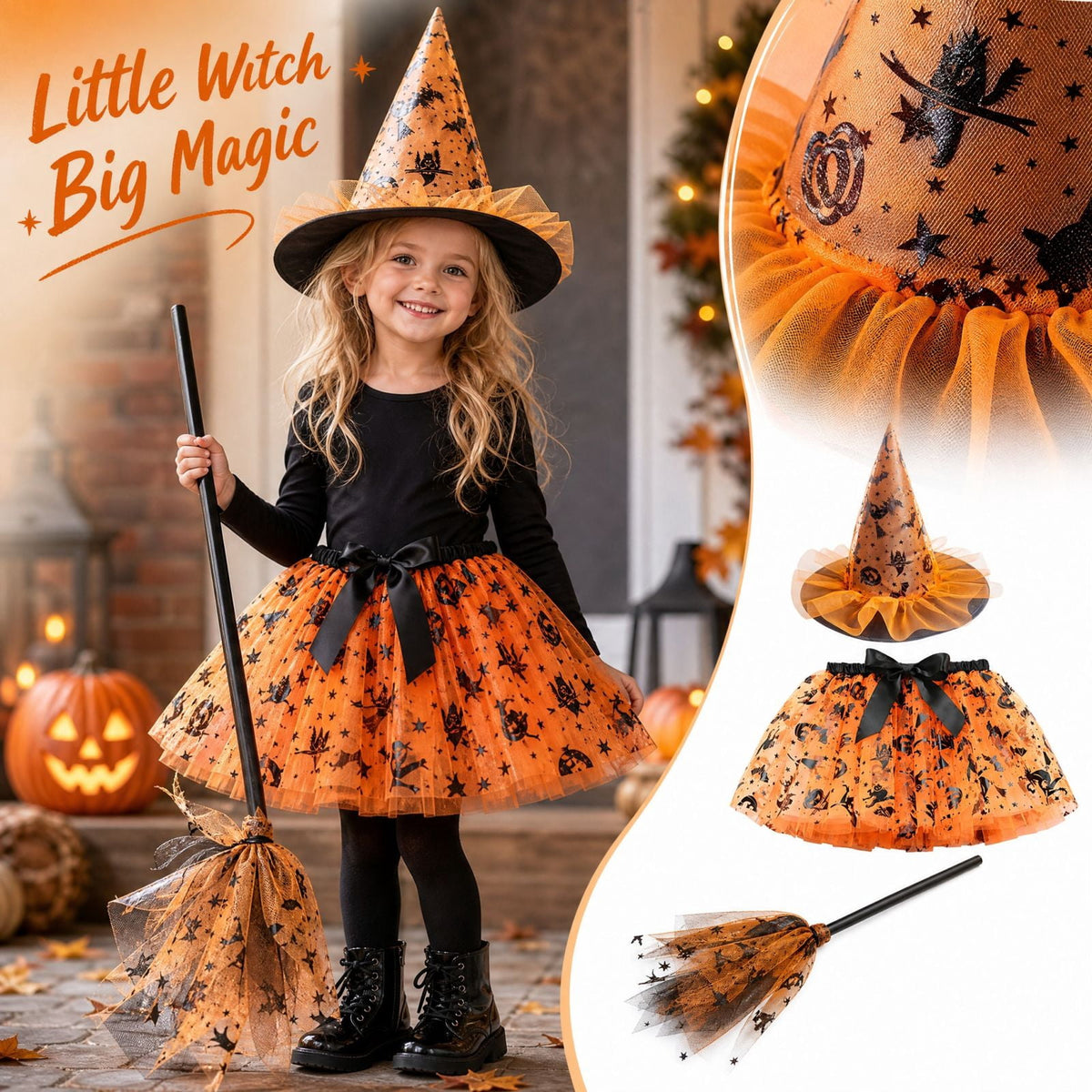 choiix Witch Tutu Skirt and Hat Set with Broomstick Halloween Costume Outfit with Printed Tulle Skirt and Witch Hat Cosplay Outfit for Party 100