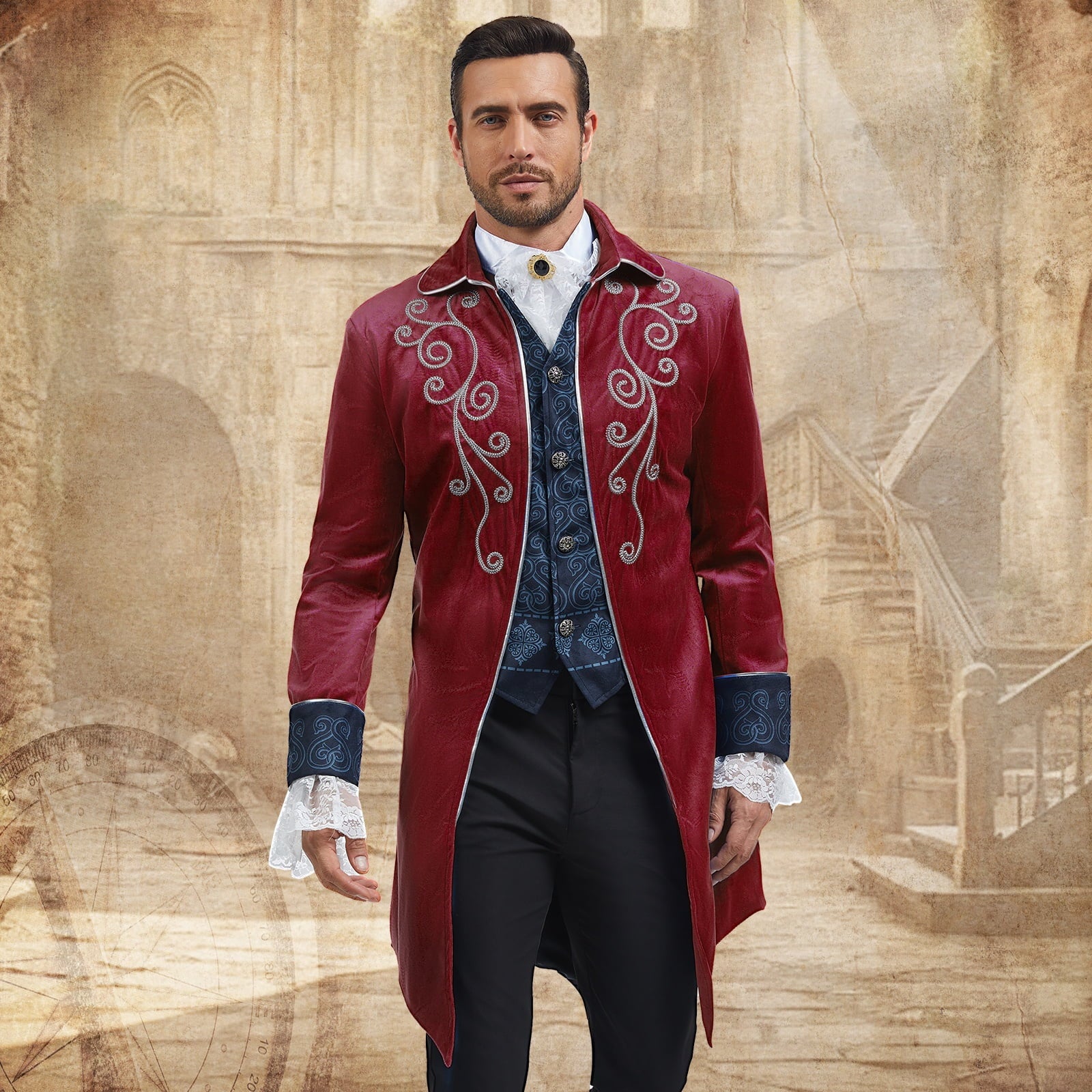 MYATED Medieval Steampunk Tailcoat for Men,Gothic Victorian Frock Coat Renaissance Pirate Jackets Halloween Party Cosplay Costumes,Blue,S