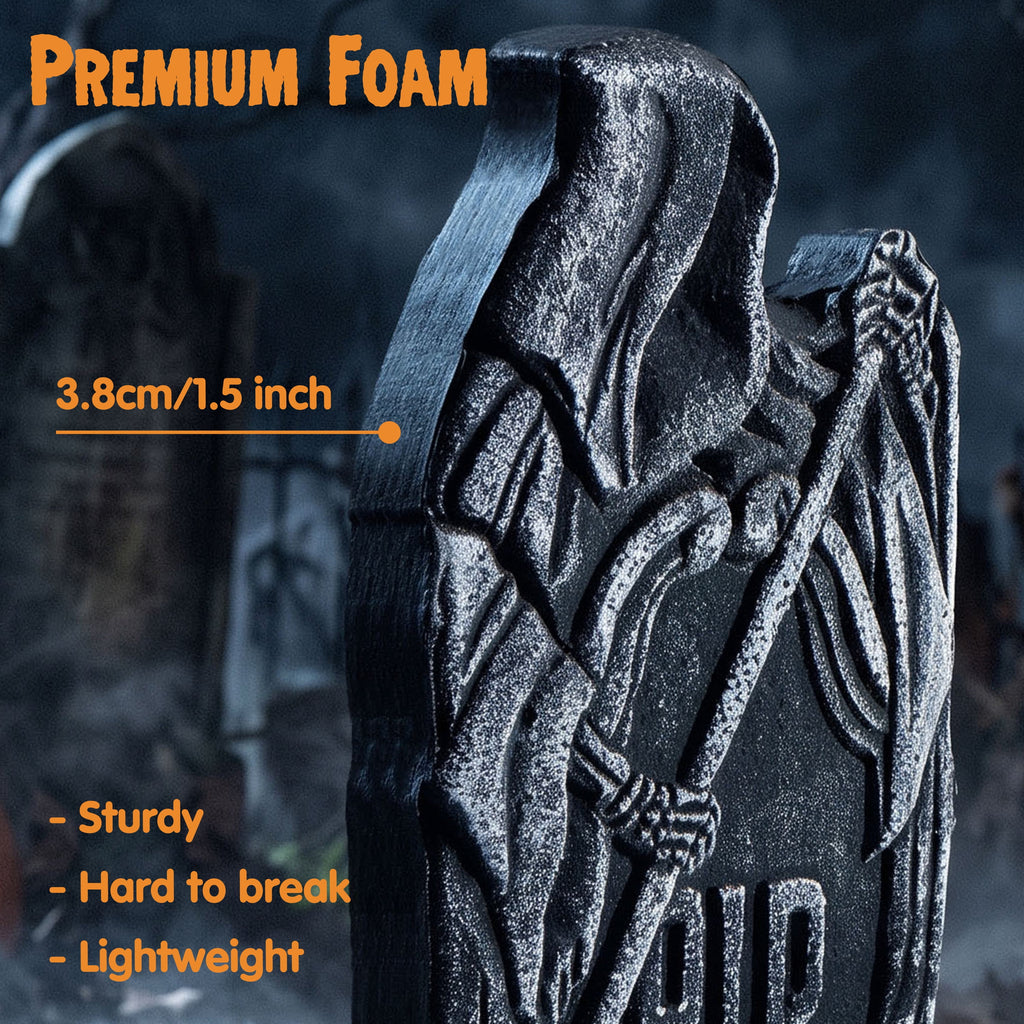 Joyfy 17" Halloween 5 Pack Tombstone Decorations, Foam RIP Graveyard Signs Cemetery Headstones Scary Outdoor Indoor Halloween Decor with 12 Metal Stakes for Easy Set Up, Waterproof for Garden Lawn