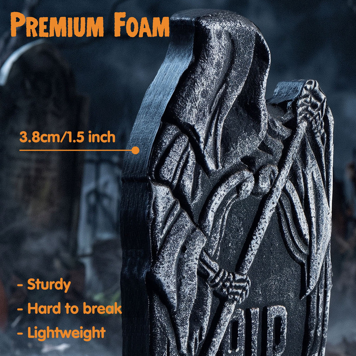 Joyfy 17" Halloween 5 Pack Tombstone Decorations, Foam RIP Graveyard Signs Cemetery Headstones Scary Outdoor Indoor Halloween Decor with 12 Metal Stakes for Easy Set Up, Waterproof for Garden Lawn